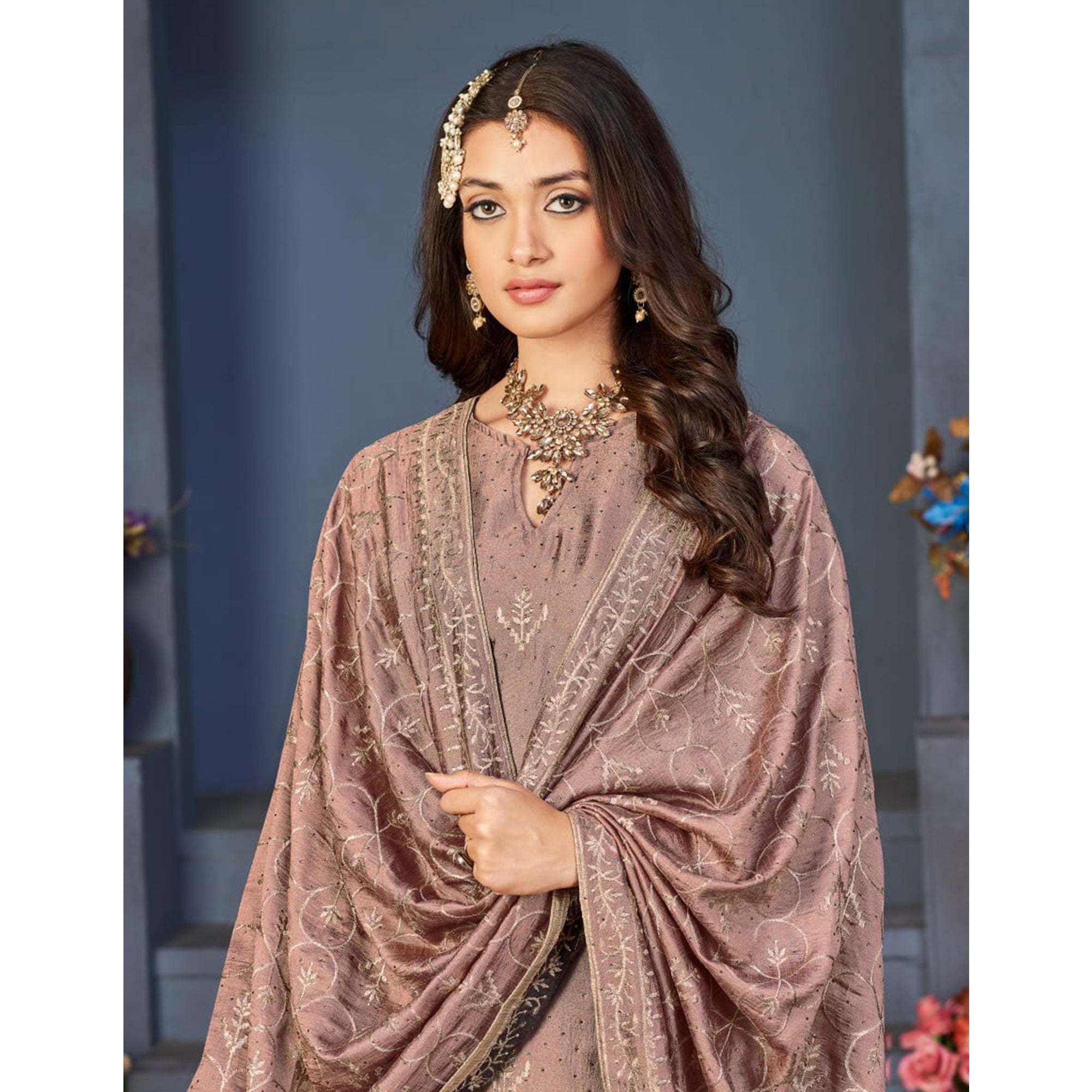 Peach Embroidered With Swarovski Work Art Silk Semi Stitched Salwar Suit