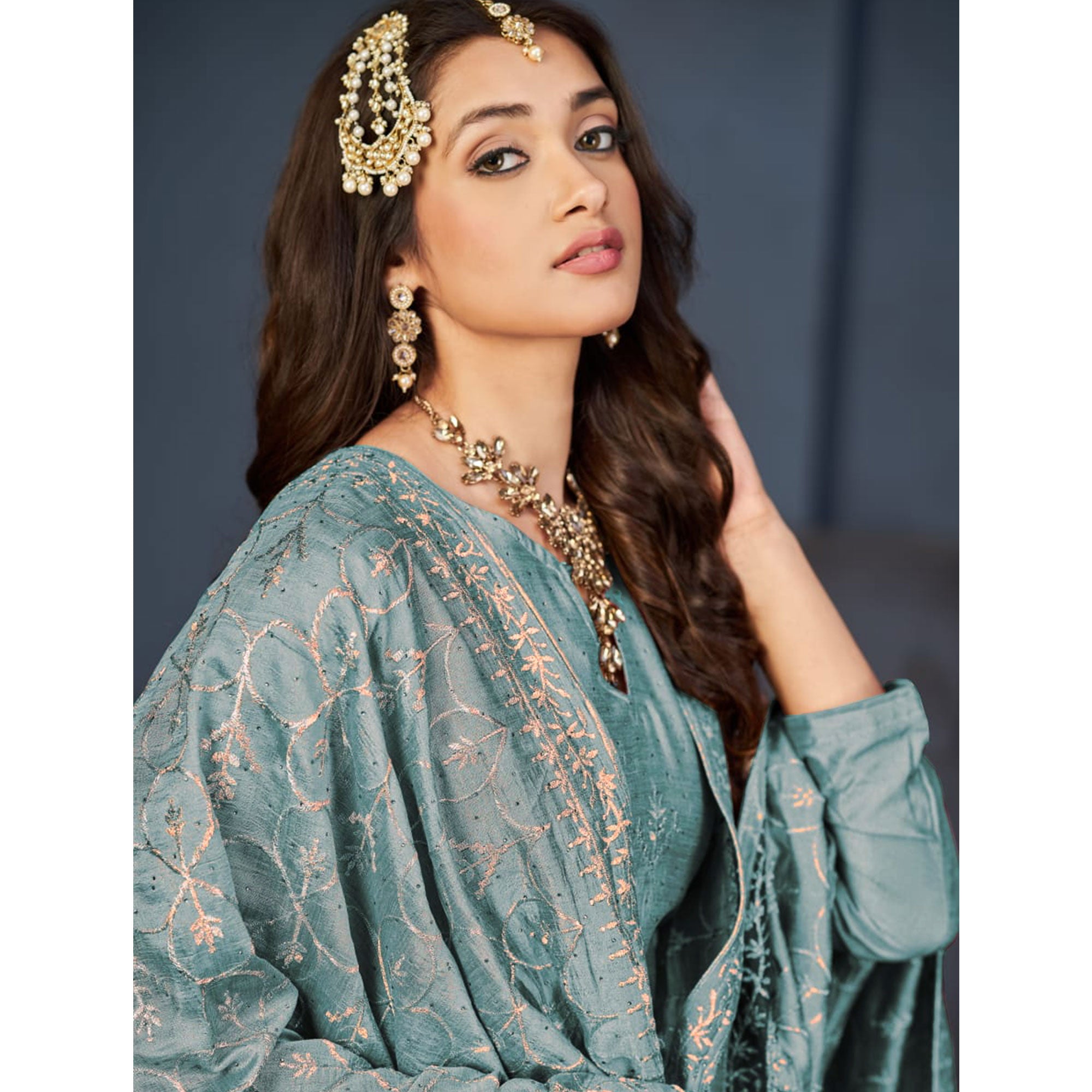 Blue Embroidered With Swarovski Work Art Silk Semi Stitched Salwar Suit