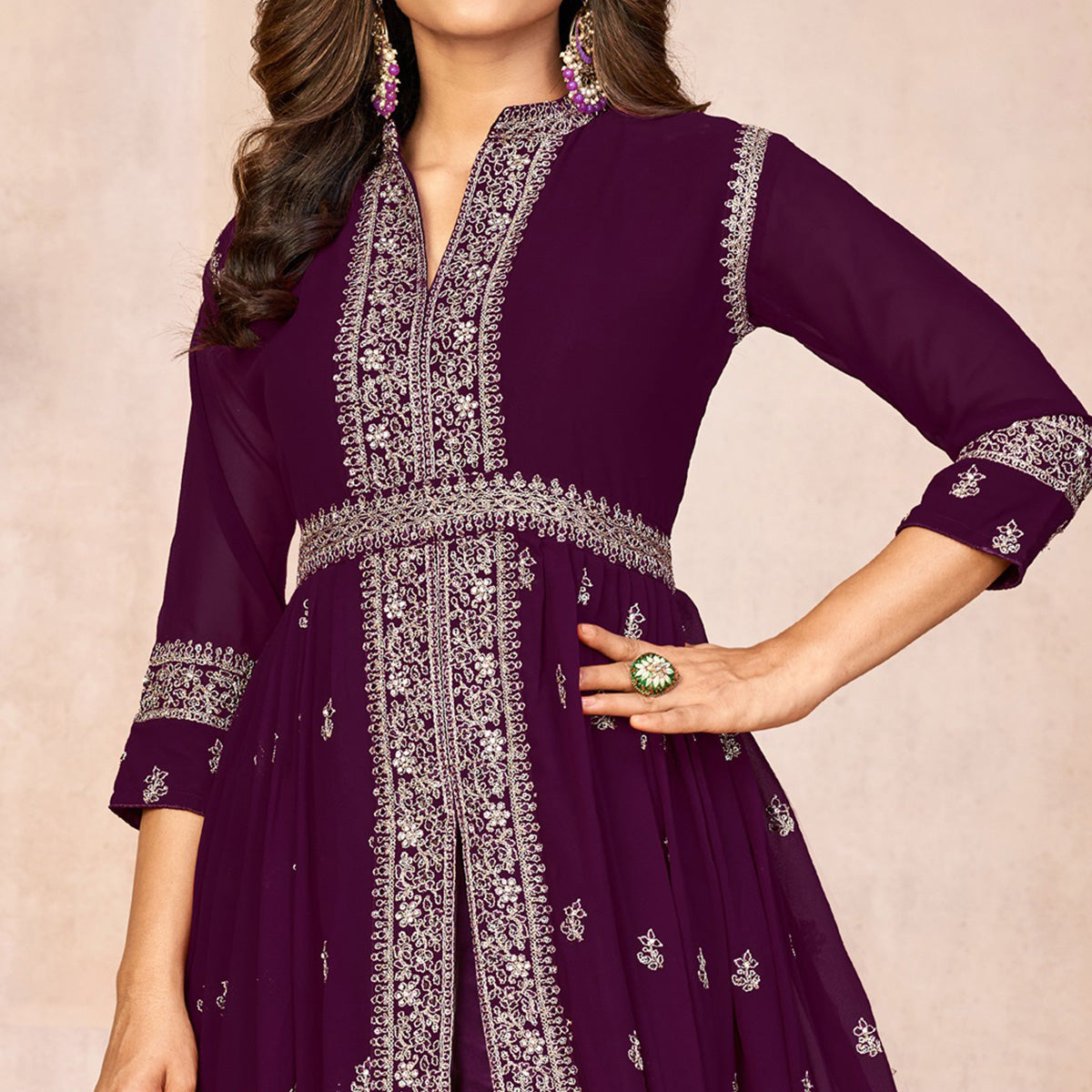 Purple Floral Embroidered Front Slit Semi Stitched Georgette Anarkali Suit