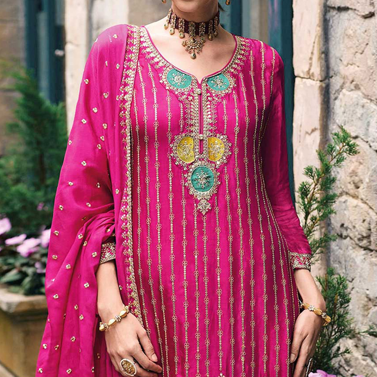 Pink Embroidered Chinon Semi Stitched Palazzo Suit