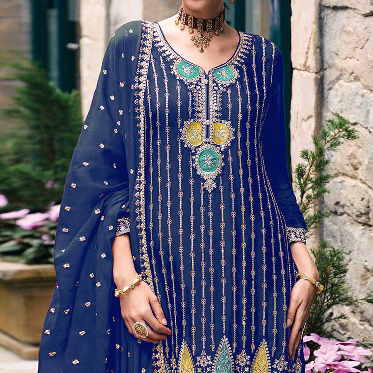 Blue Embroidered Chinon Semi Stitched Palazzo Suit