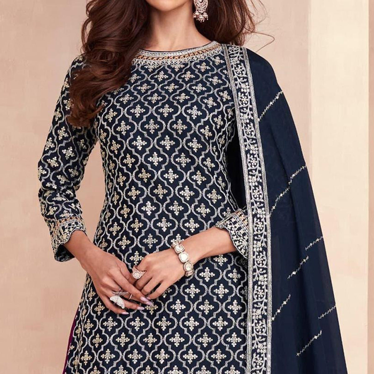 Navy Blue Embroidered Chinon Semi Stitched Sharara Suit