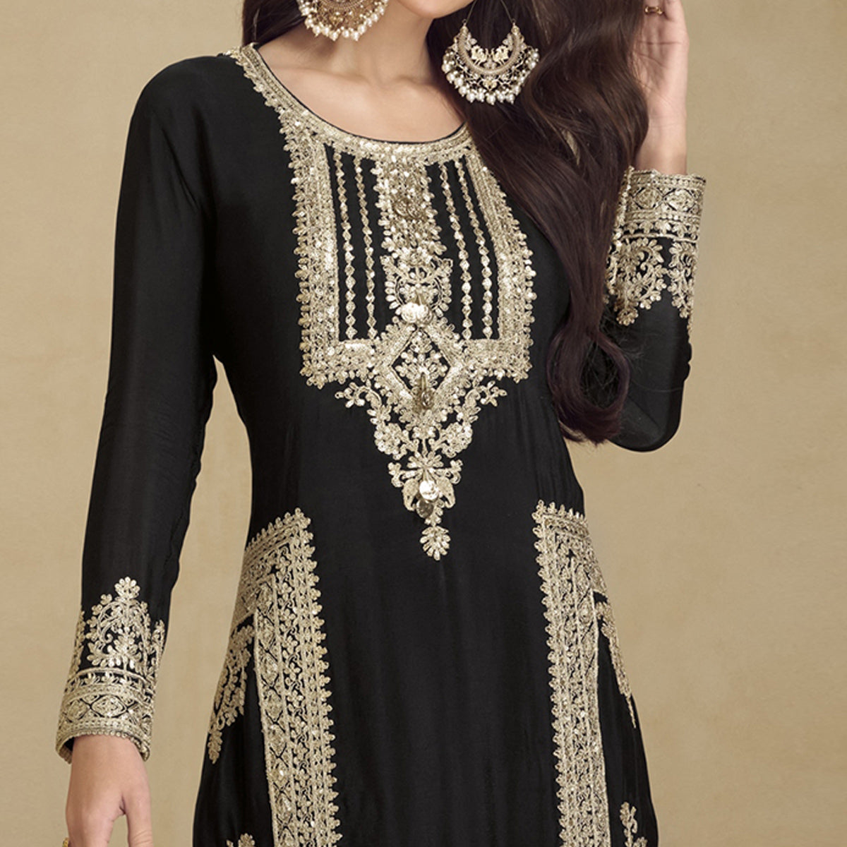 Black Floral Sequins Embroidered Georgette Semi Stitched Salwar Suit