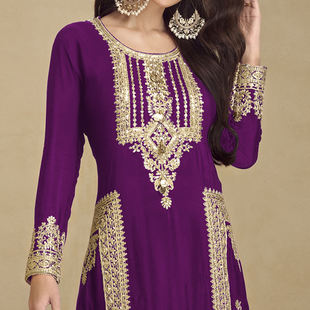 Purple Floral Sequins Embroidered Georgette Semi Stitched Salwar Suit