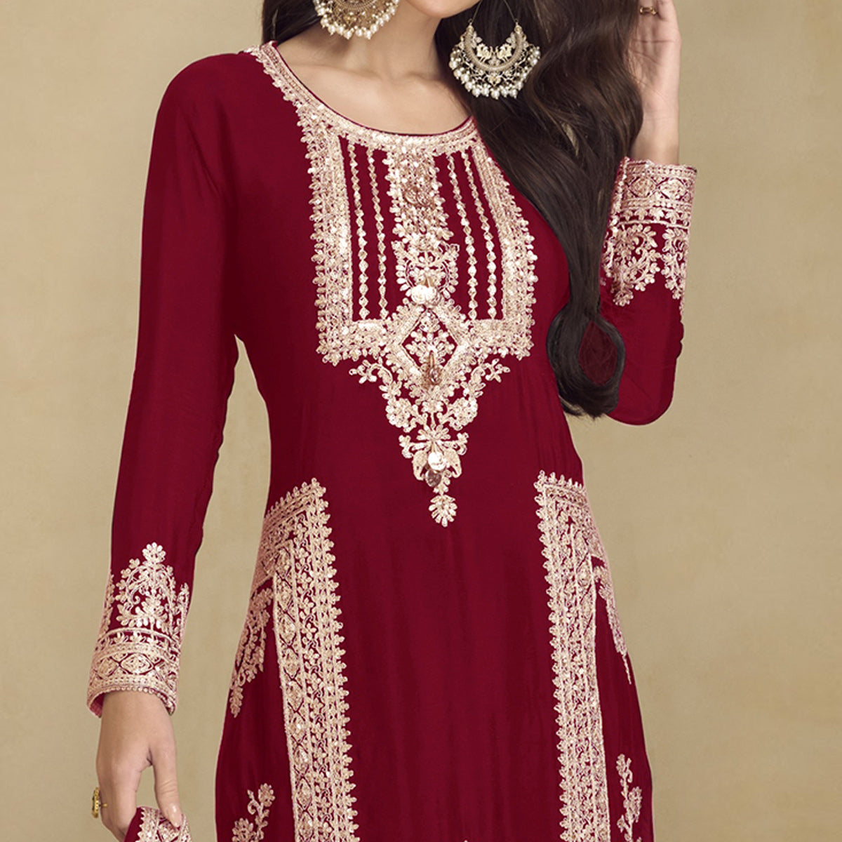 Maroon Floral Sequins Embroidered Georgette Semi Stitched Salwar Suit