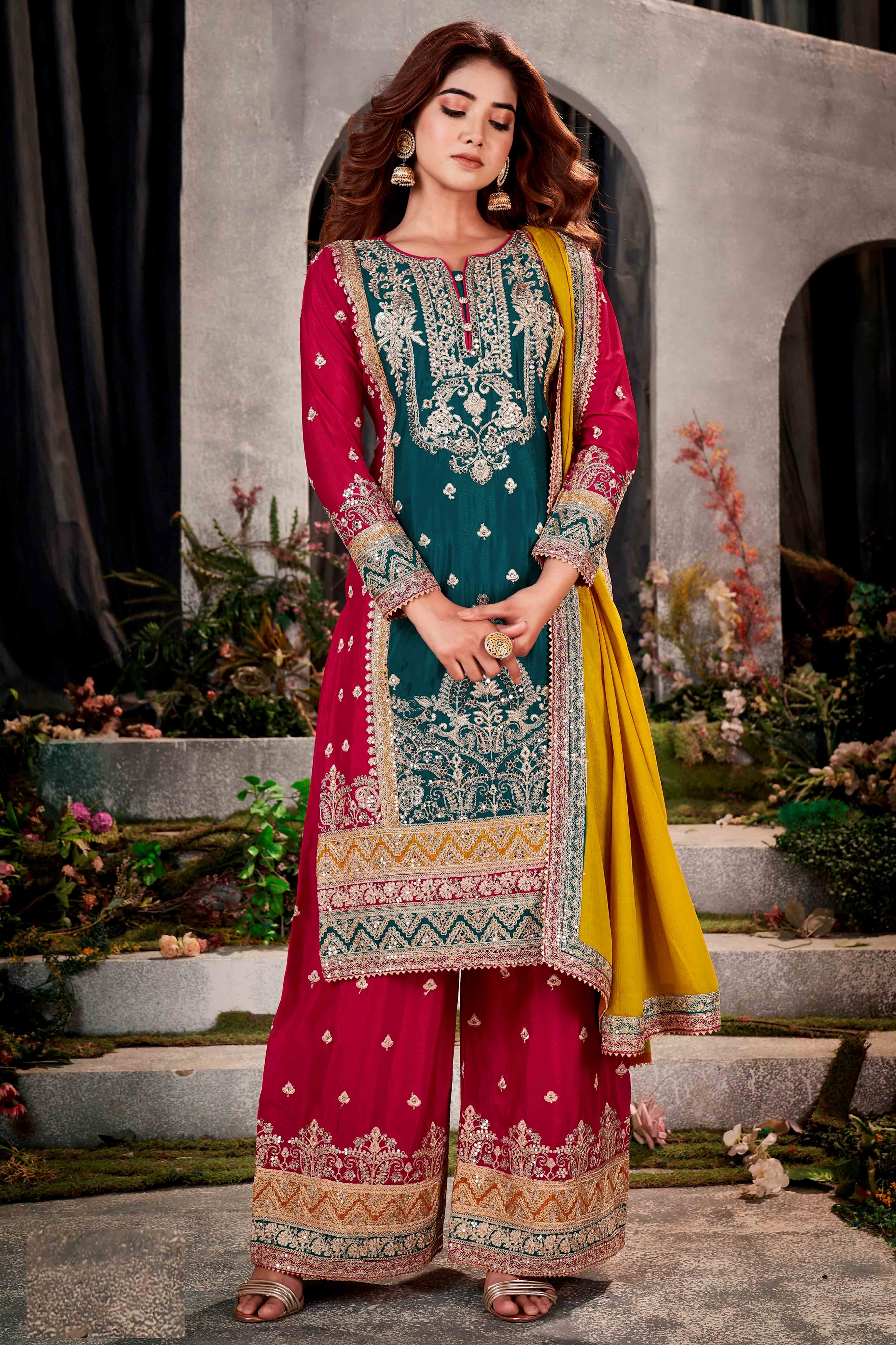 Cherry Red & Teal Green Floral Sequins Embroidered Chinon Silk Semi Stitched Palazzo Suit