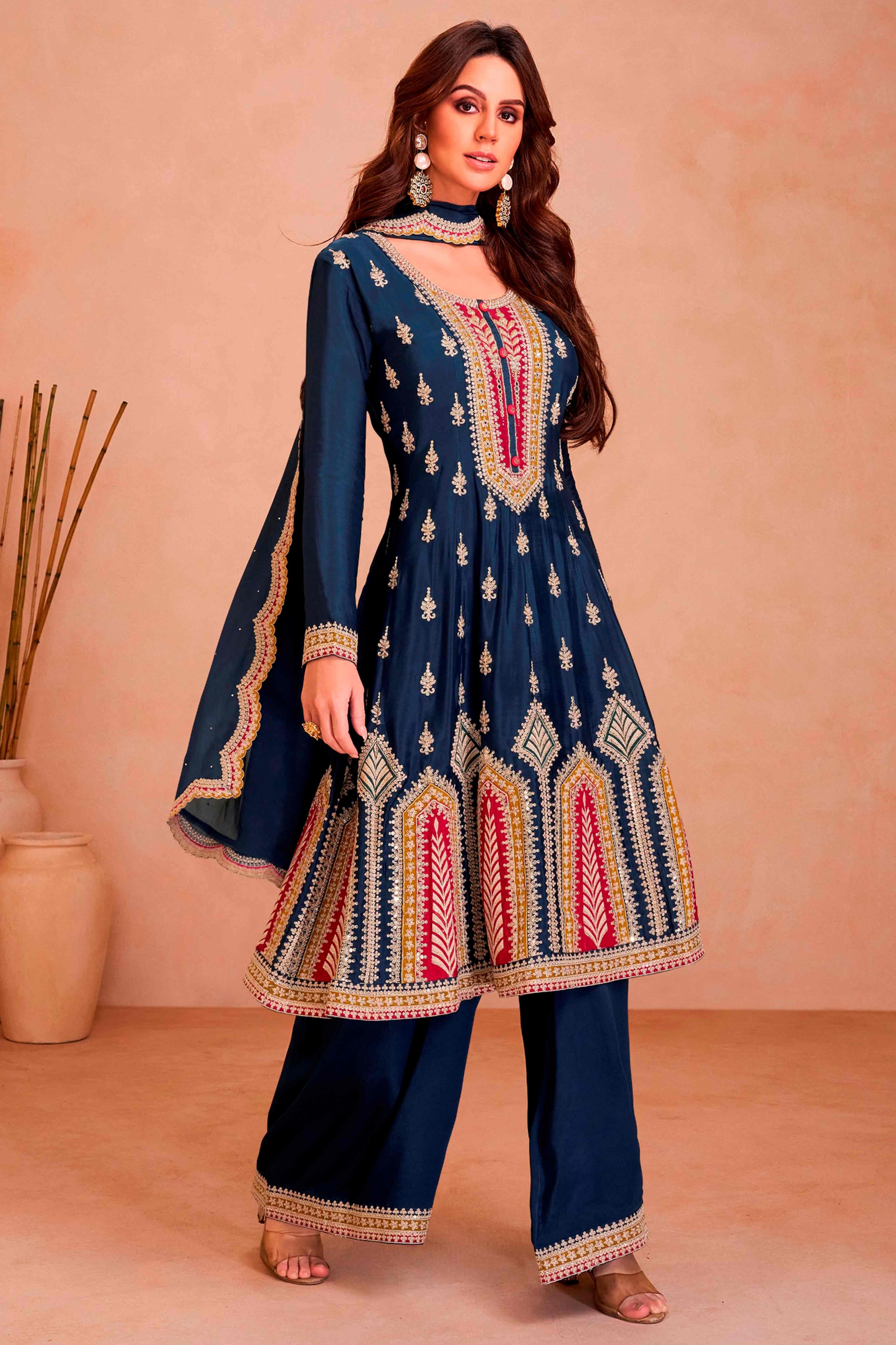 Blue Floral Sequins Embroidered Chinon Palazzo Suit