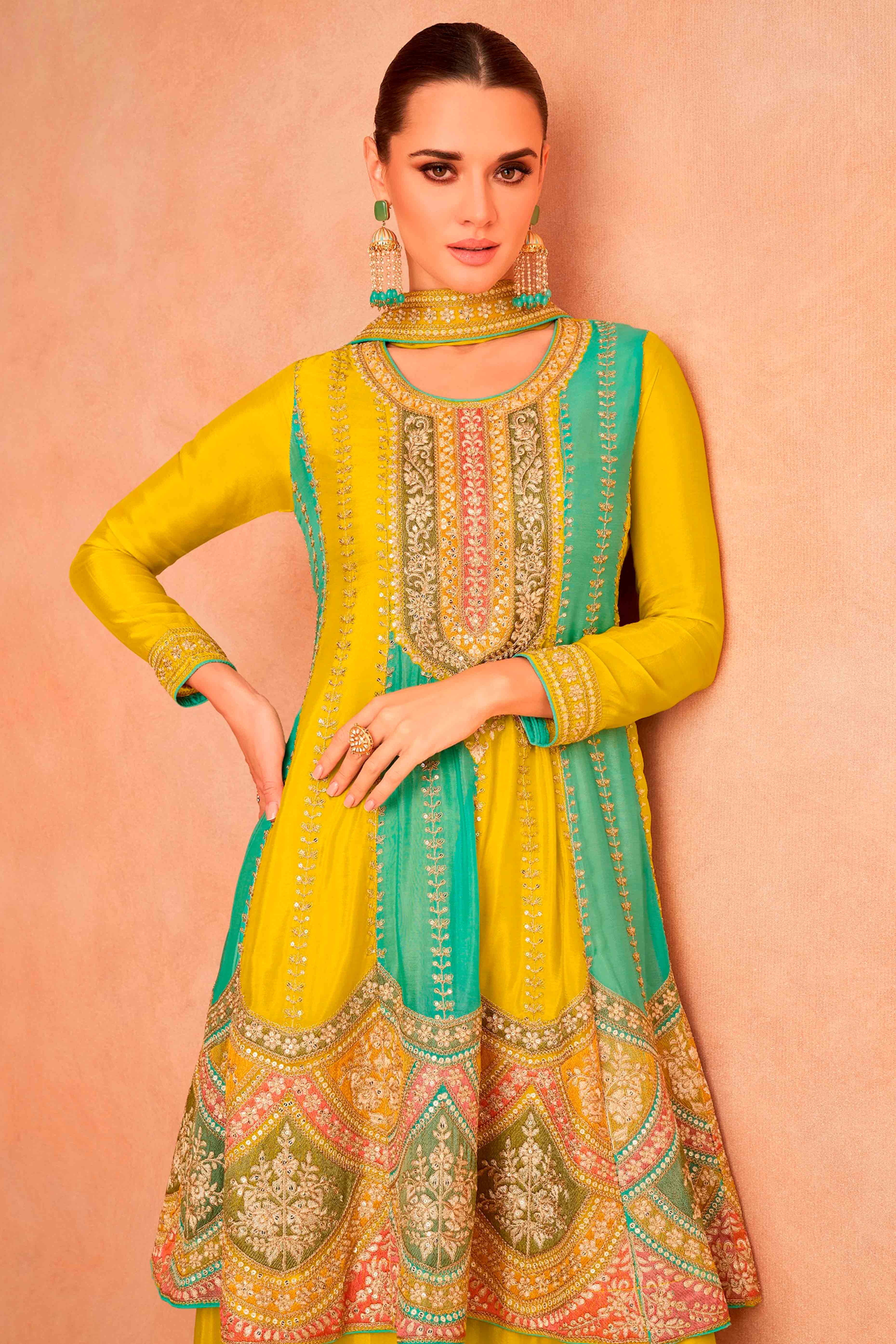 Yellow Floral Sequins Embroidered Chinon Sharara Suit