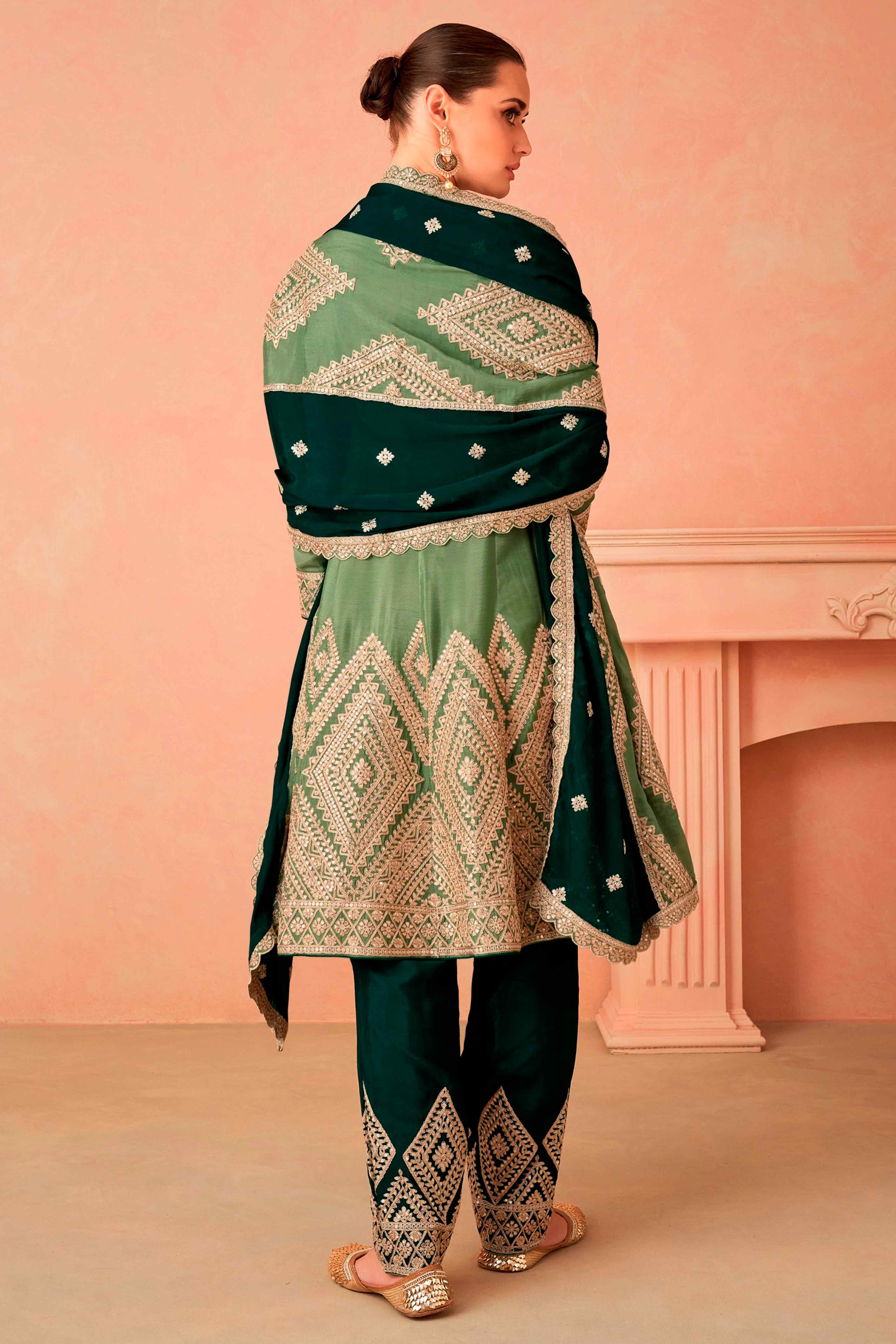 Green Floral Sequins Embroidered Chinon Suit