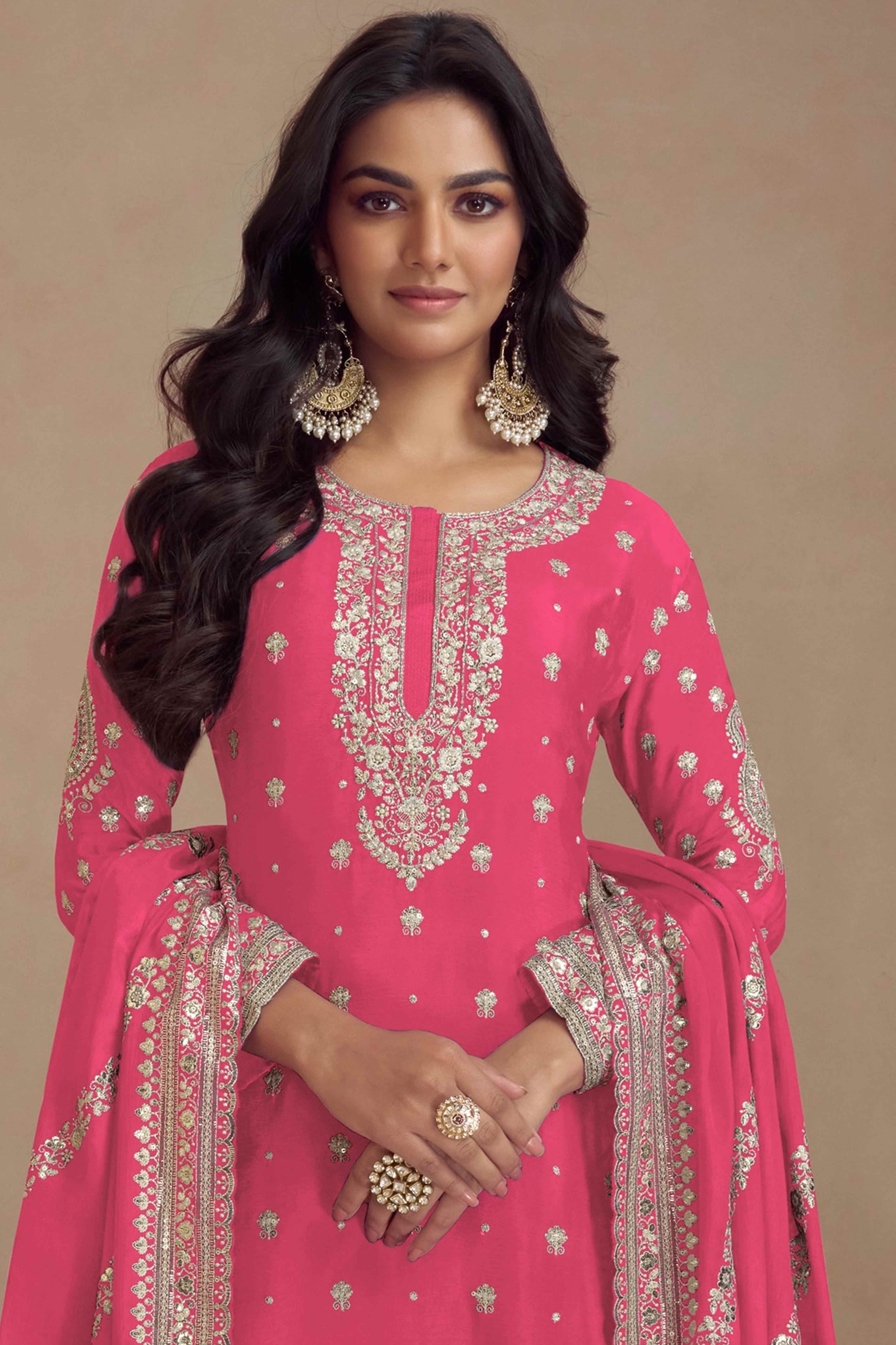 Pink Floral Sequins Embroidered Satin Silk Semi Stitched Suit