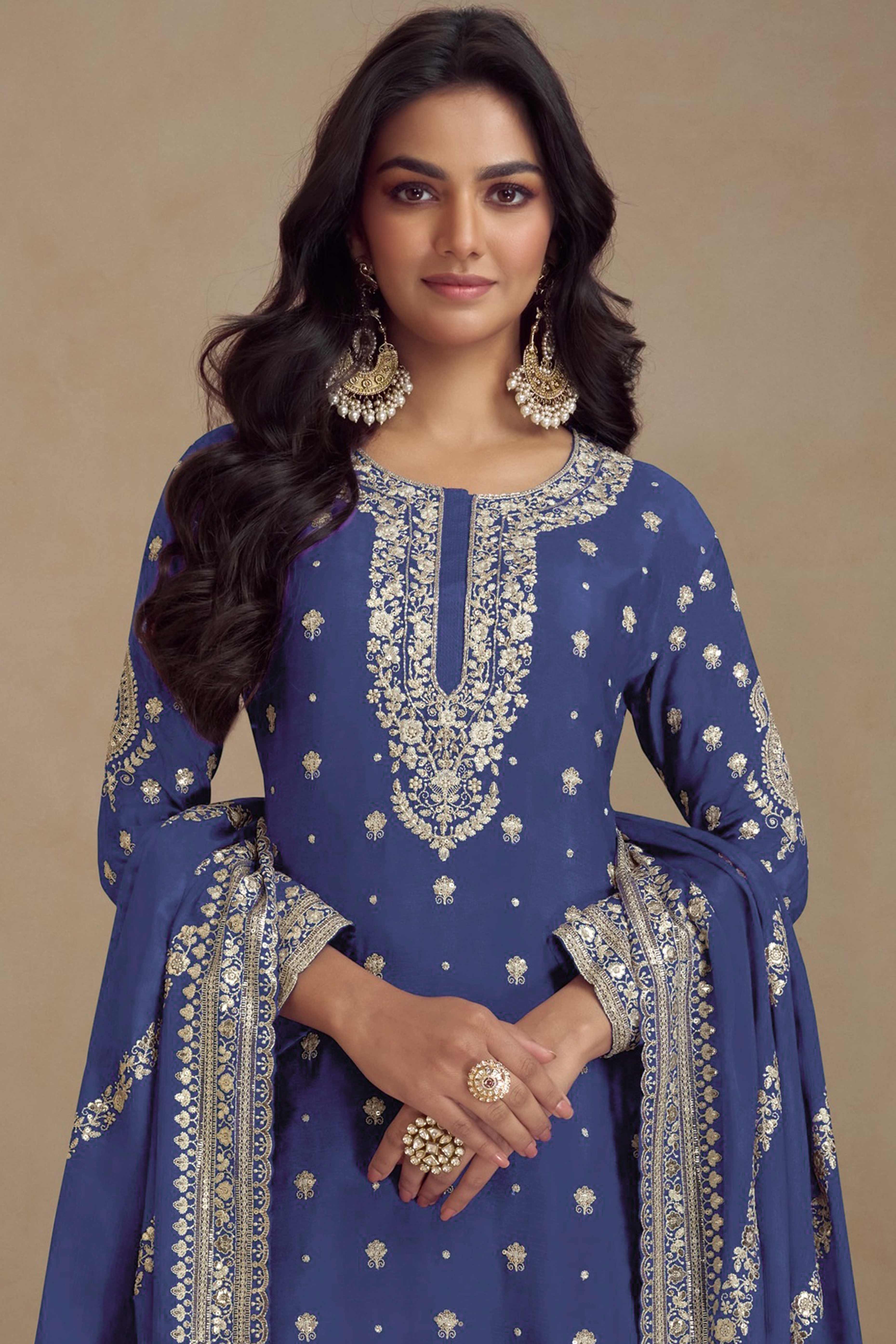 Blue Floral Sequins Embroidered Satin Silk Semi Stitched Suit