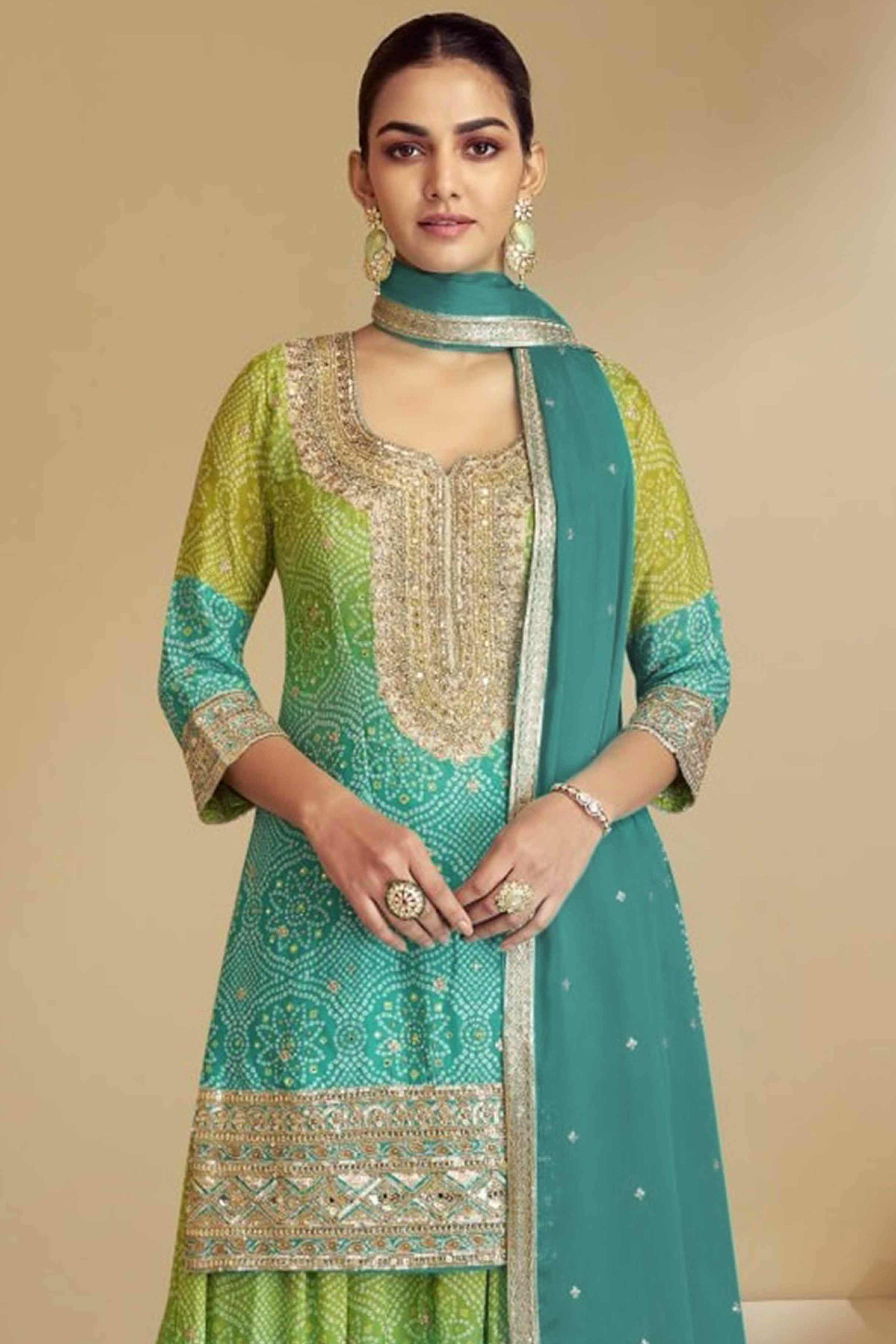 Teal Embroidered Chinon Palazzo Suit