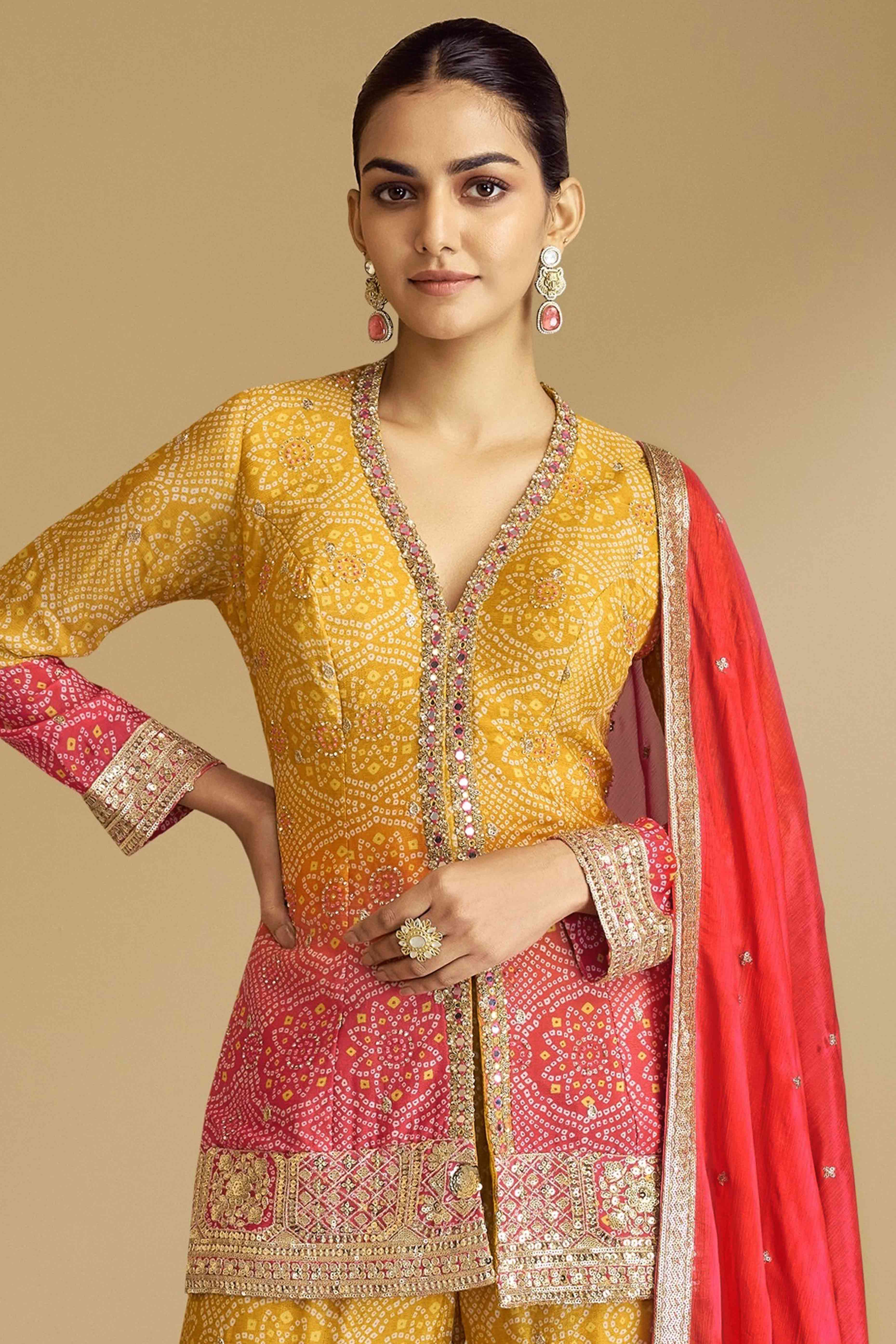 Yellow & Red Bandhani Print With Sequins Embroidered Chinon Palazzo Suit