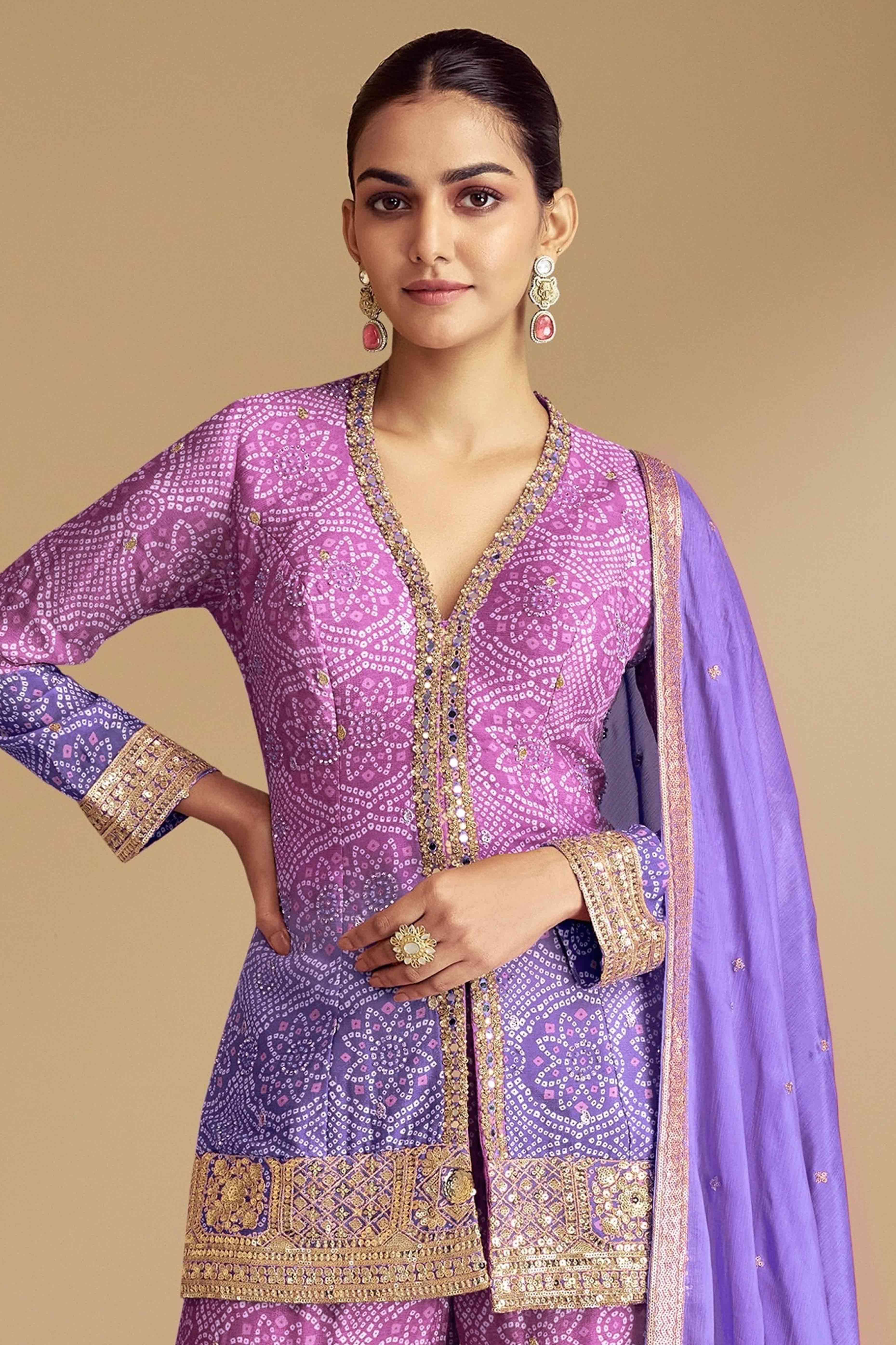 Purple & Lavender Bandhani Print With Sequins Embroidered Chinon Palazzo Suit