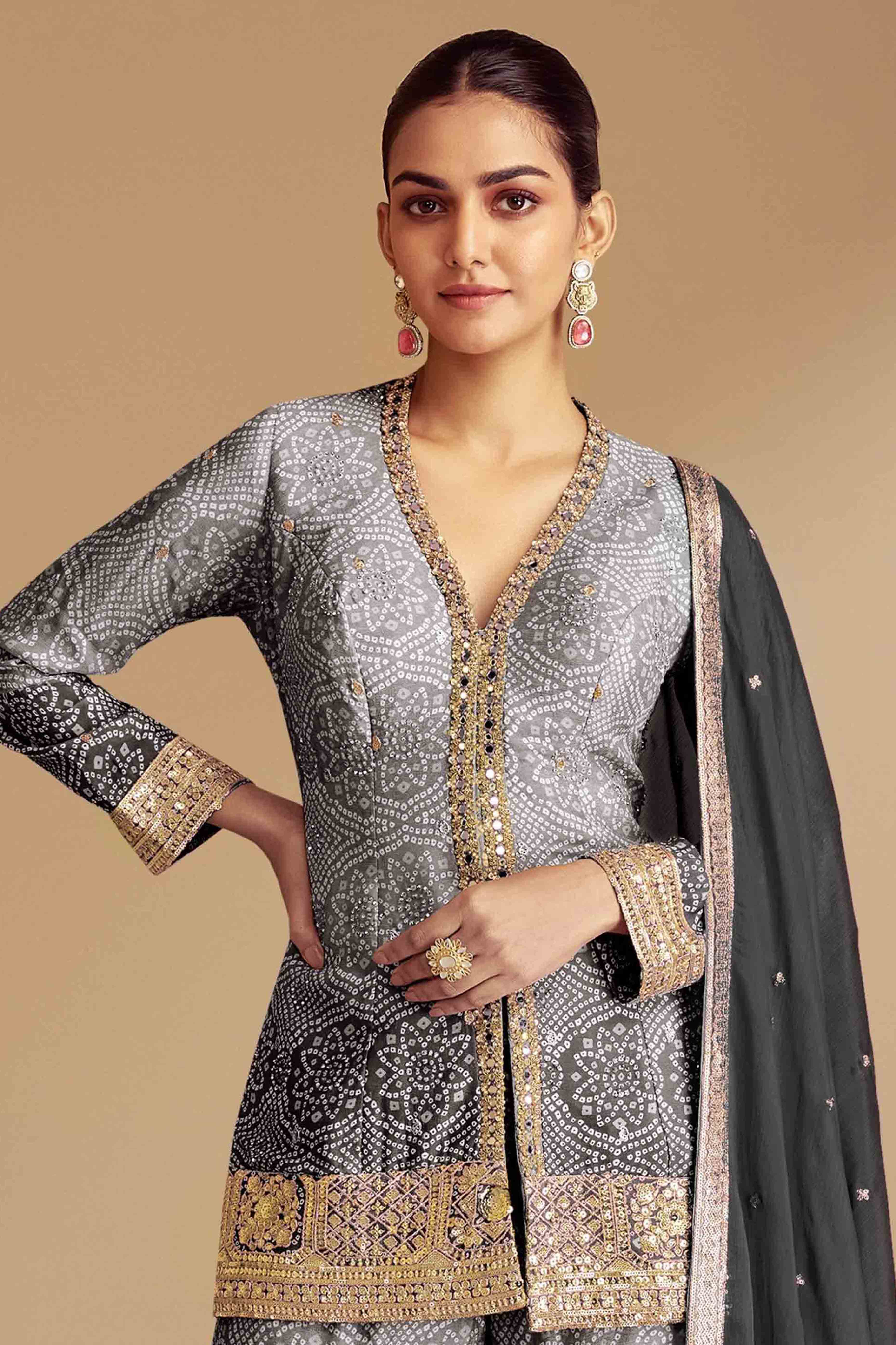 Grey & Black Bandhani Print With Sequins Embroidered Chinon Palazzo Suit