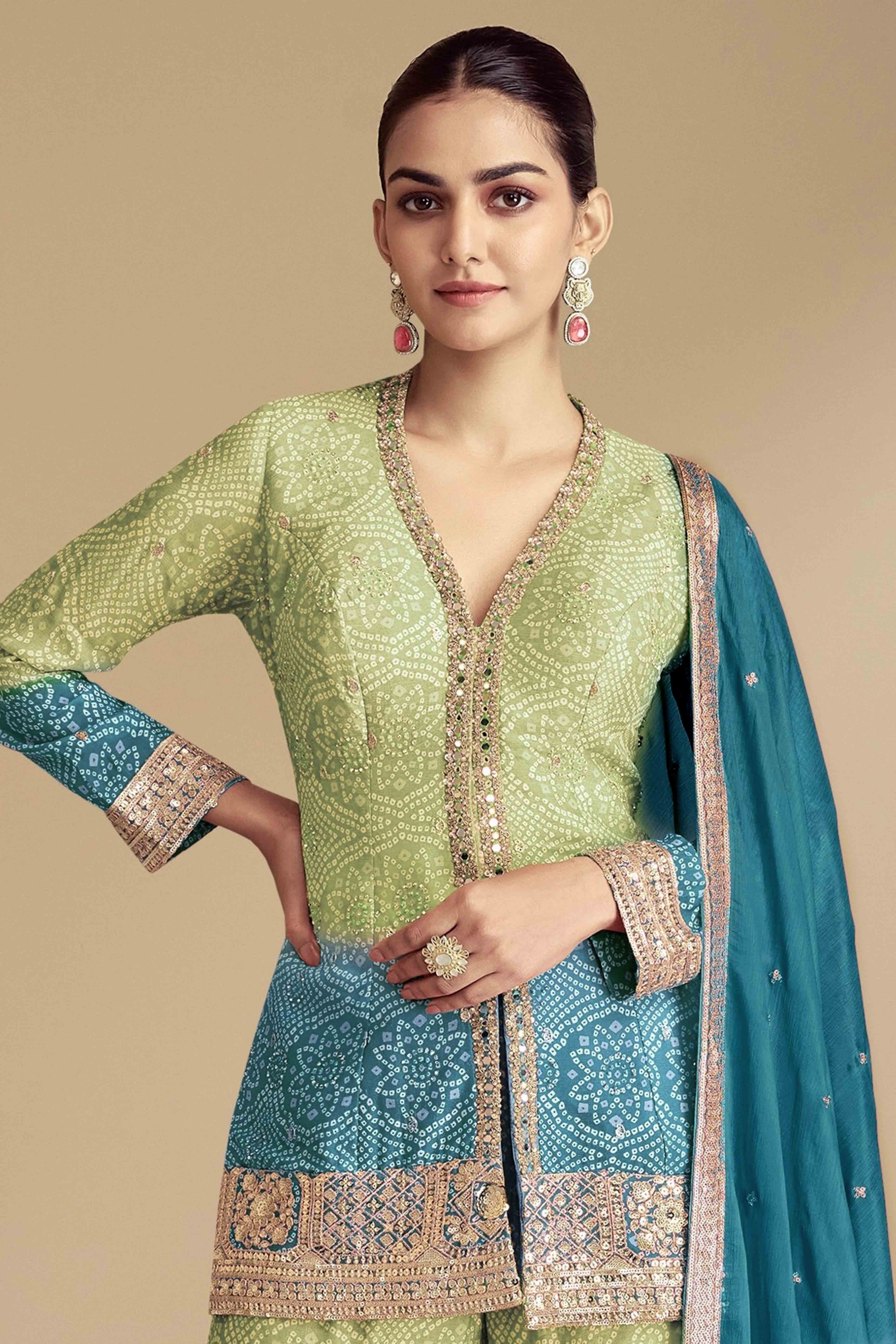 Green & Blue Bandhani Print With Sequins Embroidered Chinon Palazzo Suit