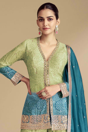 Green & Blue Bandhani Print With Sequins Embroidered Chinon Palazzo Suit