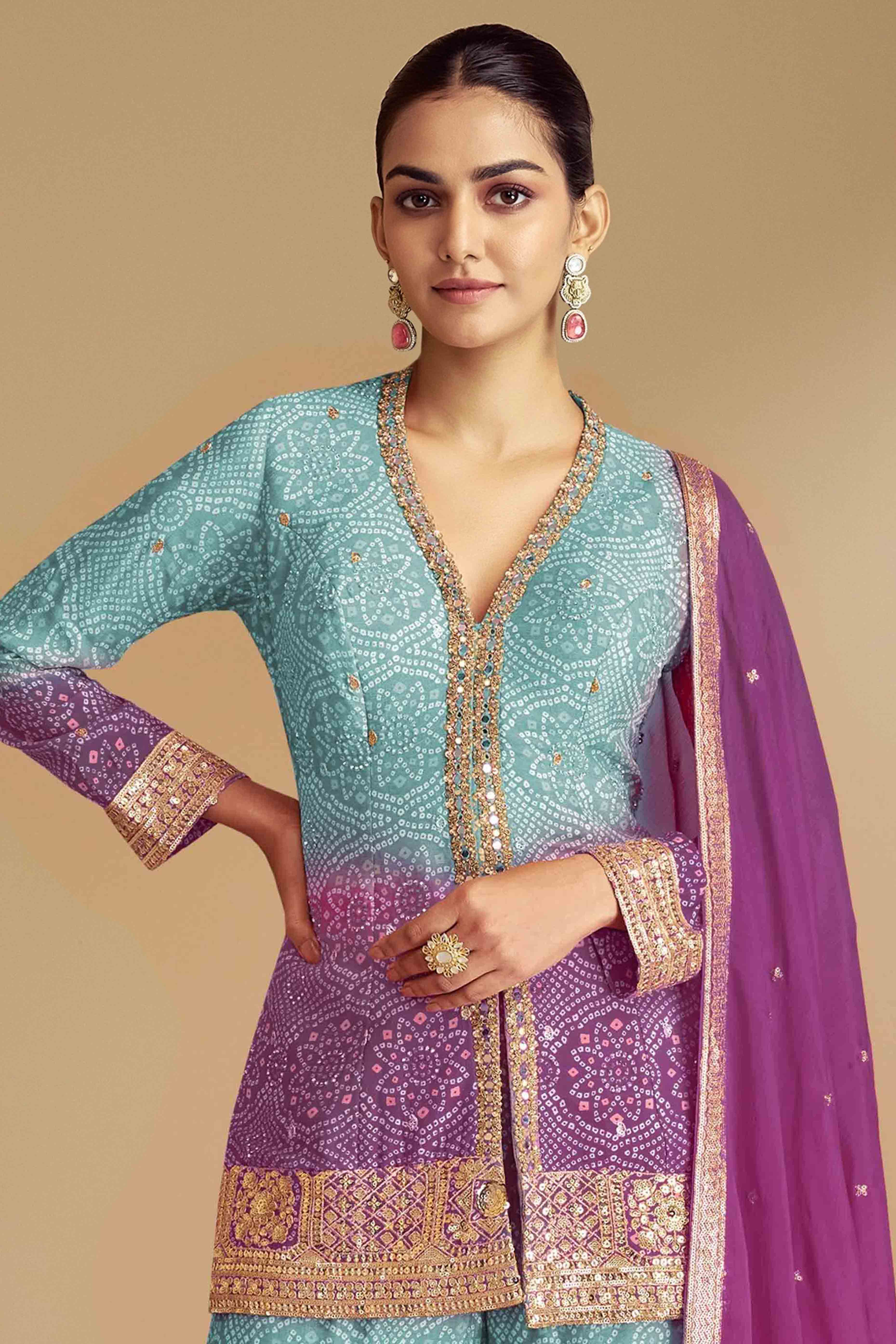 Blue & Purple Bandhani Print With Sequins Embroidered Chinon Palazzo Suit