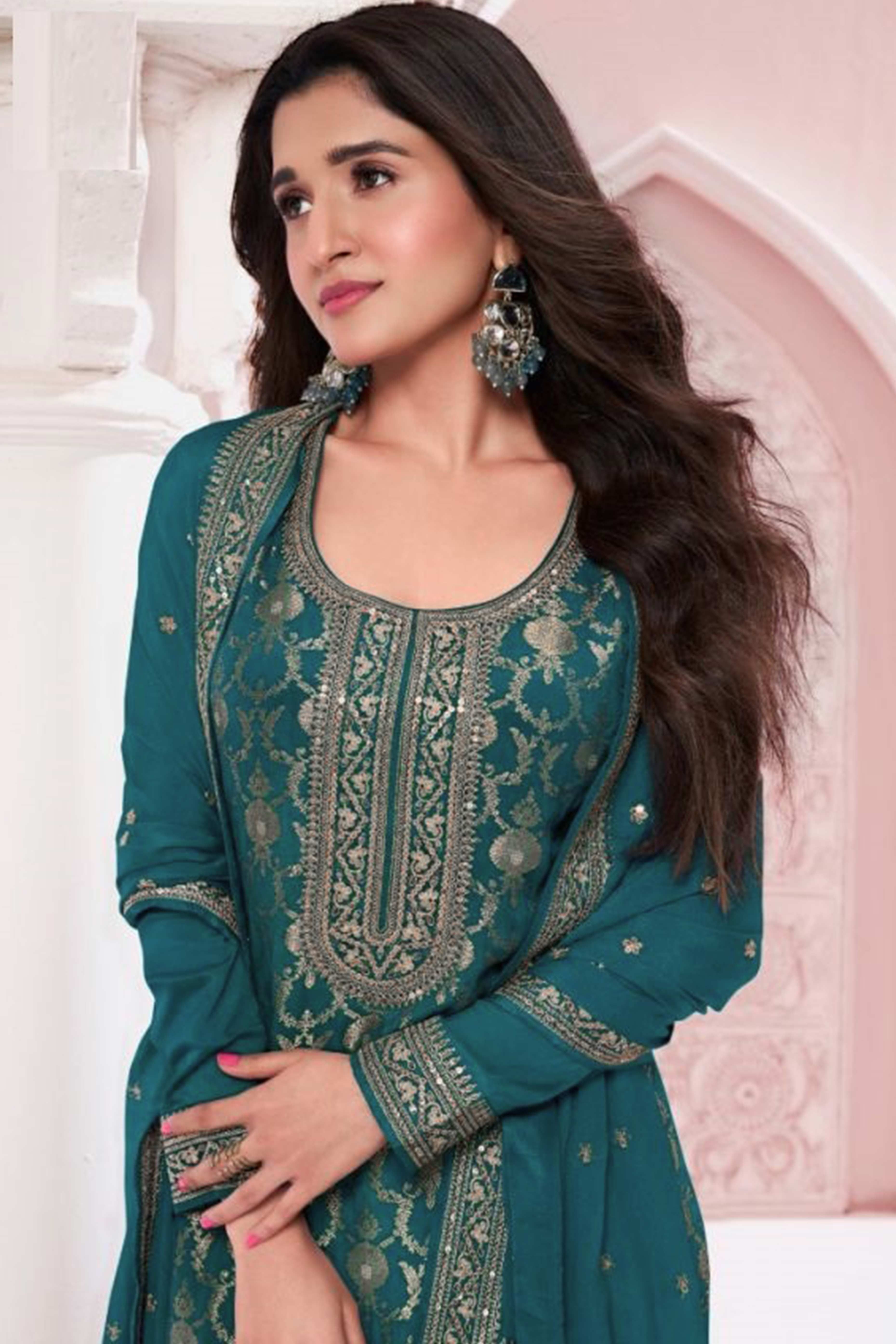 Teal Woven With Embroidered Jacquard Viscose Semi Stitched Salwar Suit