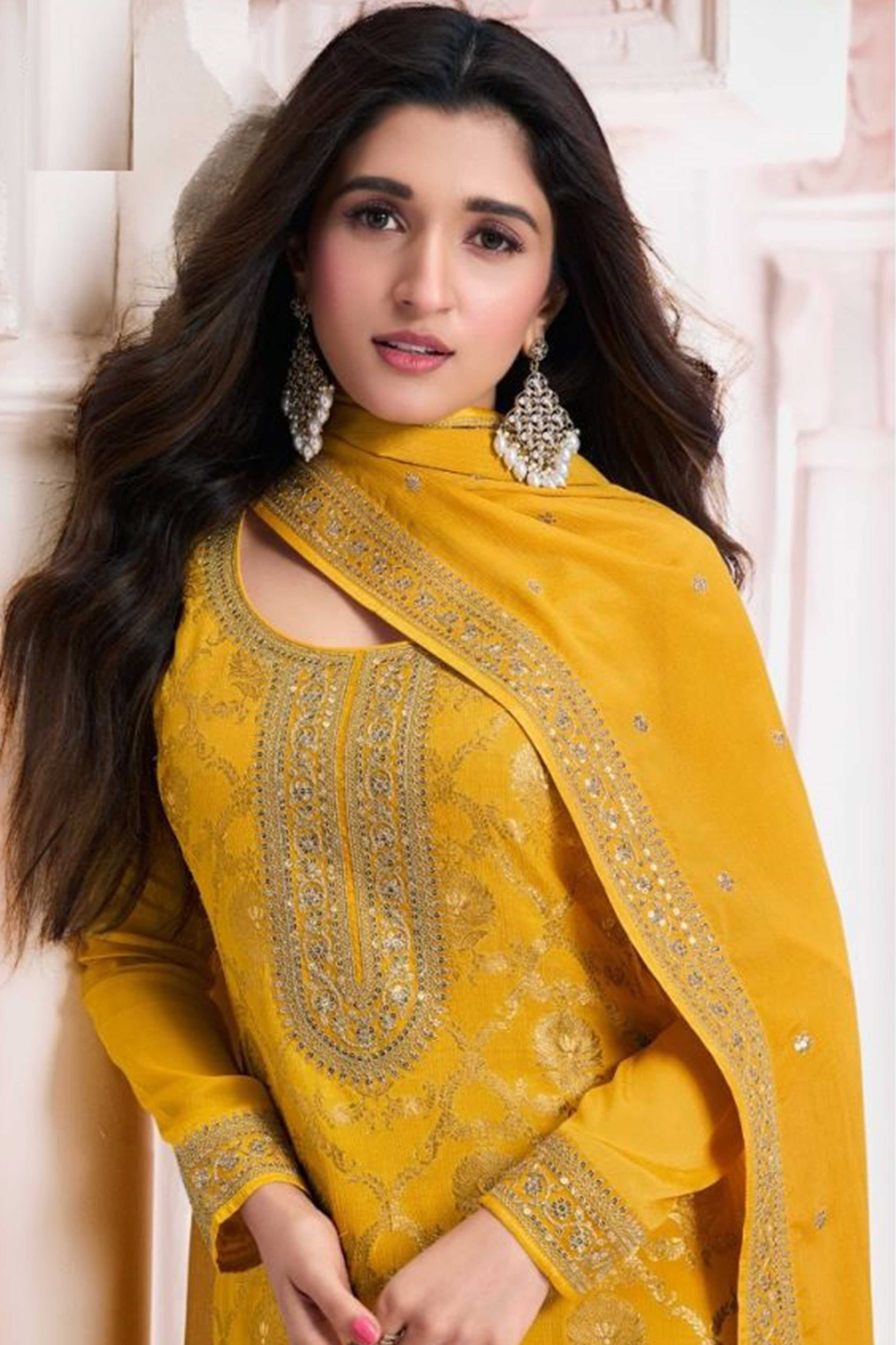 Yellow Woven With Embroidered Jacquard Viscose Semi Stitched Salwar Suit