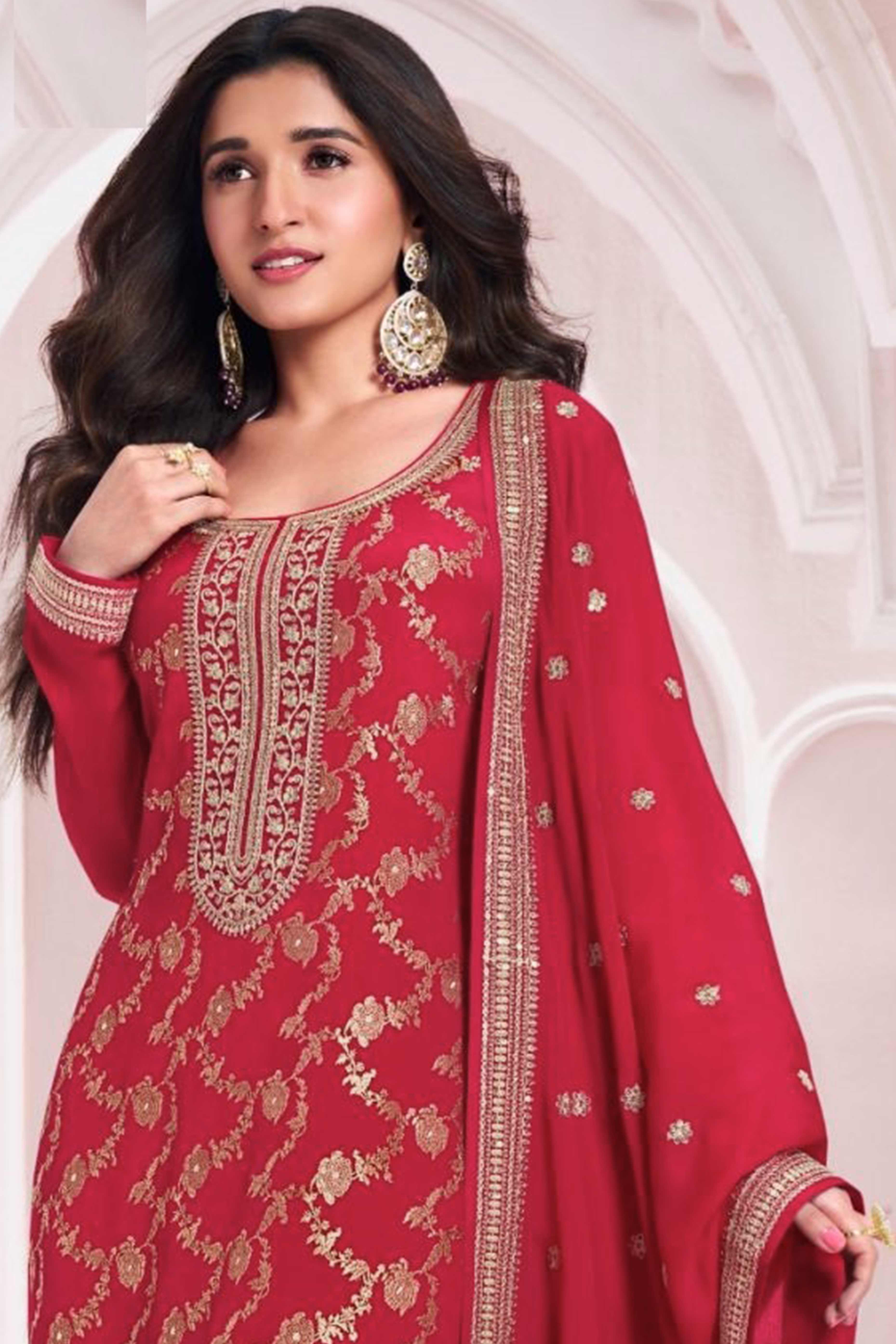 Red Woven With Embroidered Jacquard Viscose Semi Stitched Salwar Suit