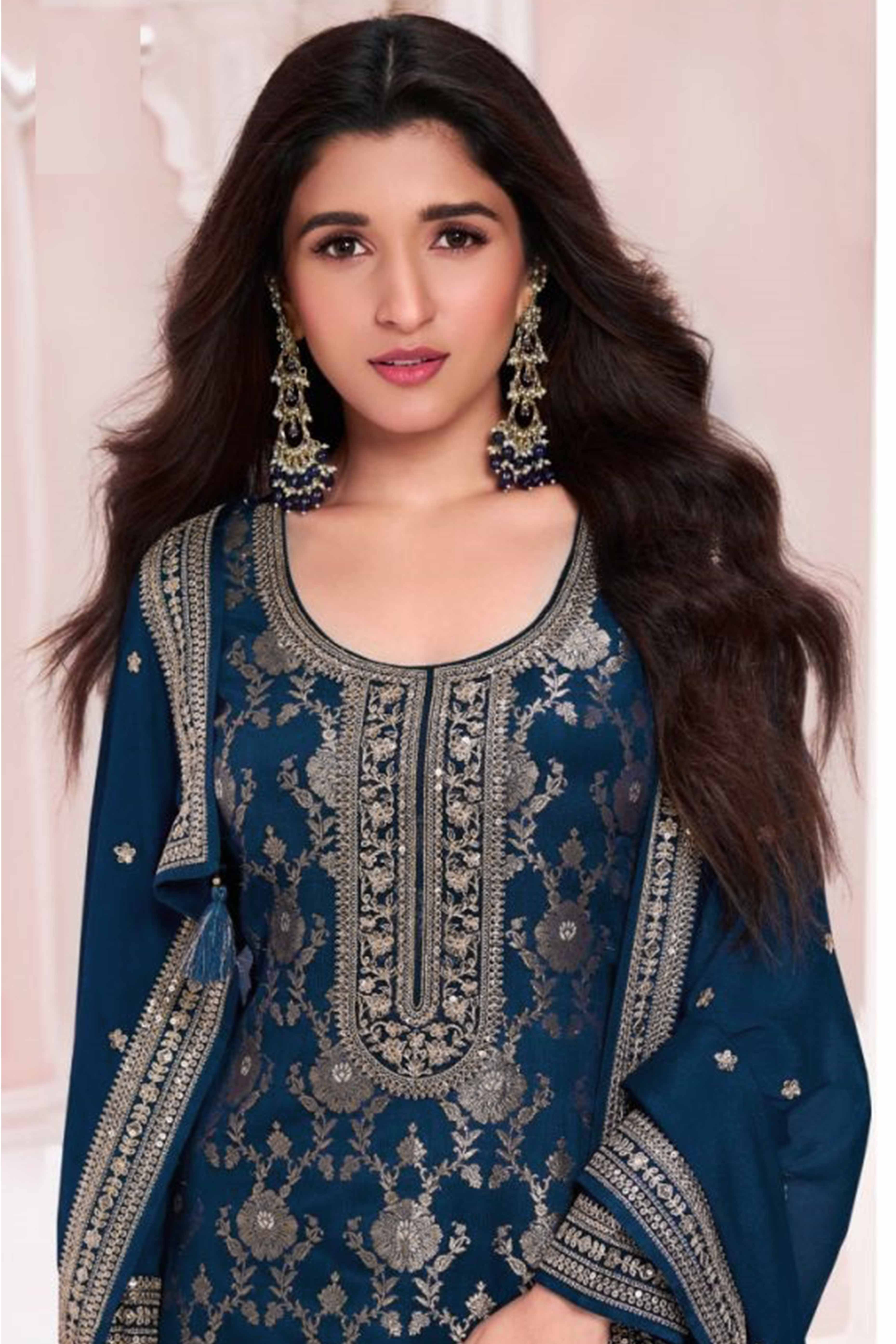 Blue Woven With Embroidered Jacquard Viscose Semi Stitched Salwar Suit