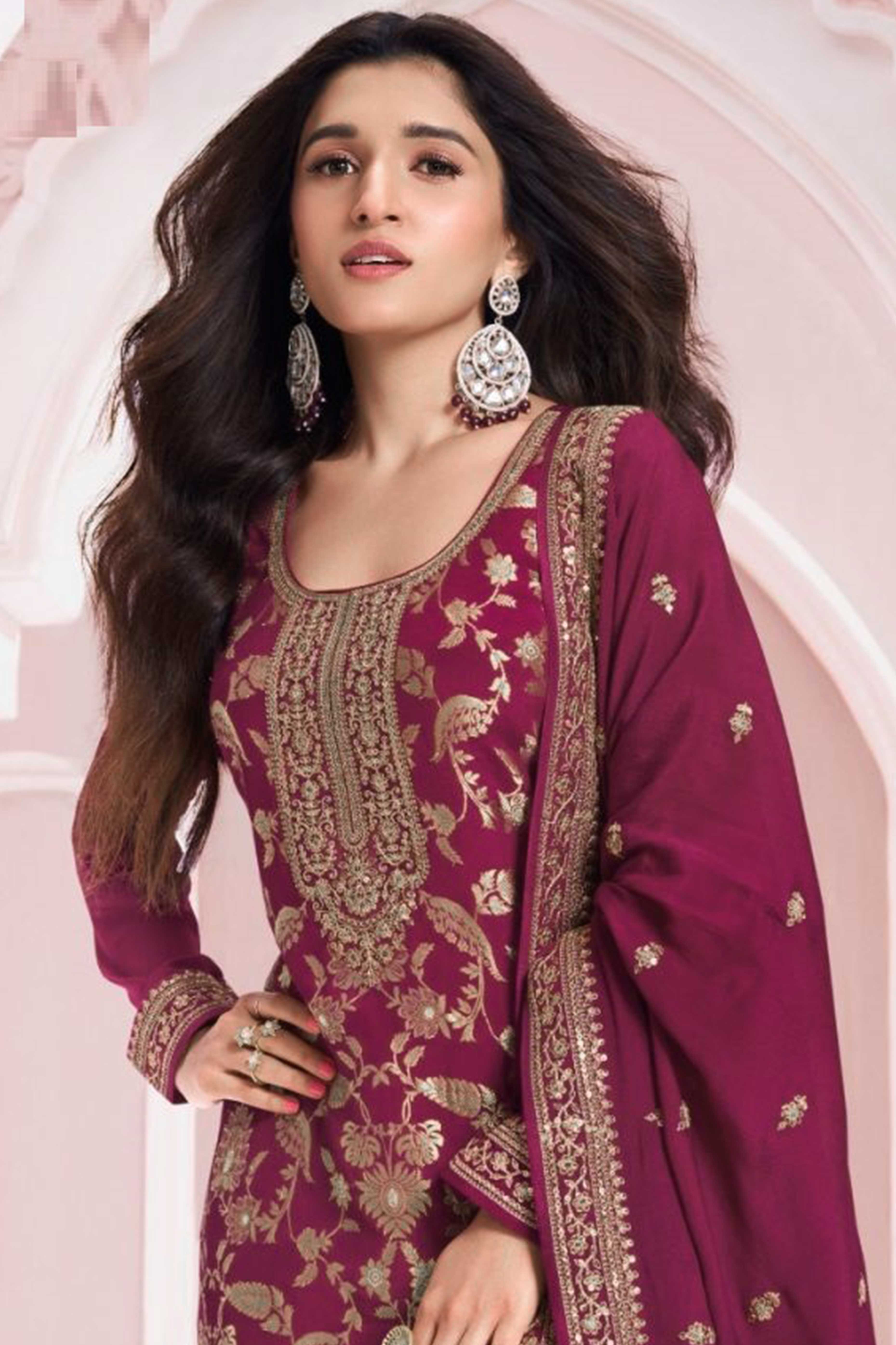 Wine Woven With Embroidered Jacquard Viscose Semi Stitched Salwar Suit