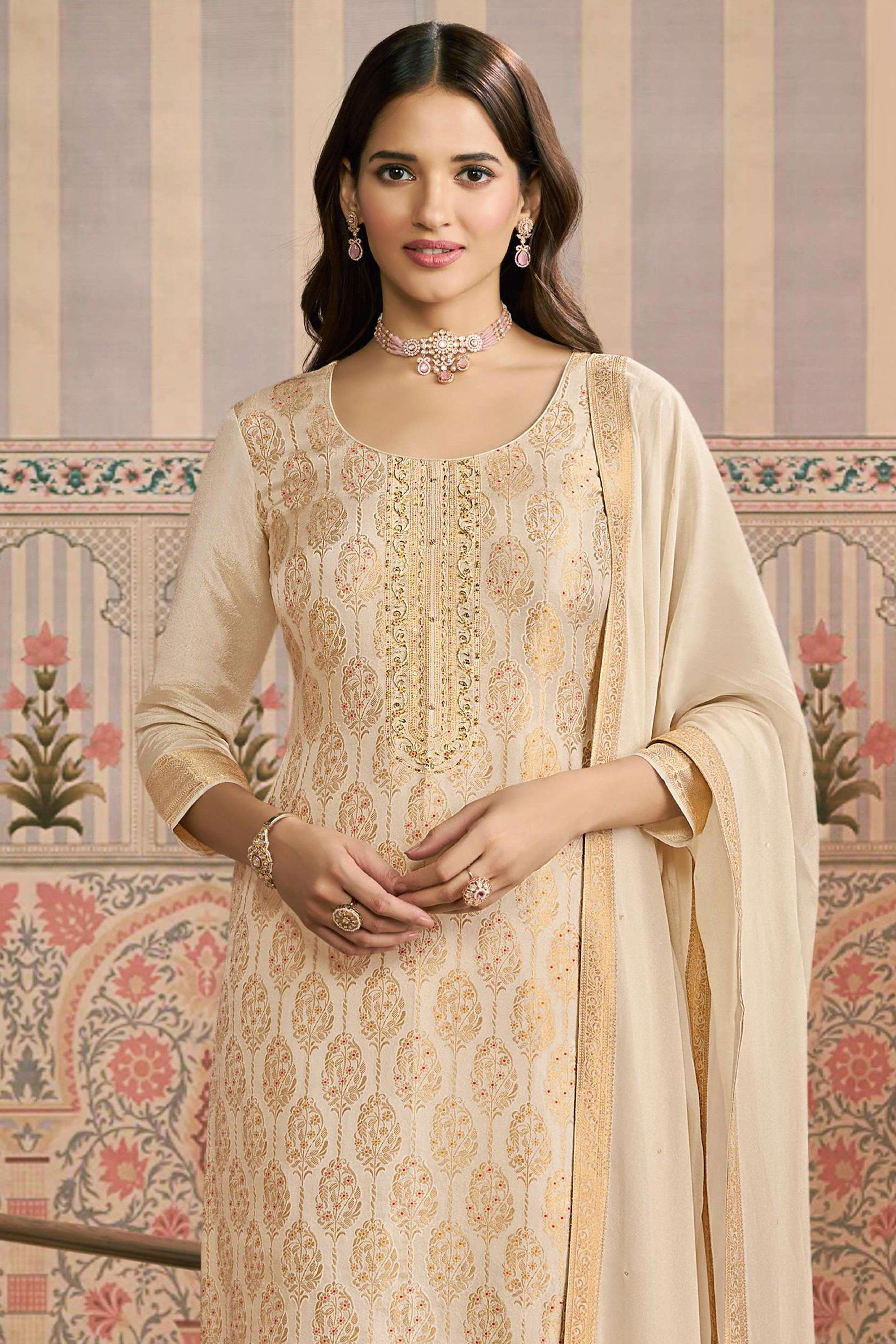 Cream Pakistani Embroidered Viscose Semi-Stitched Suit Material with Dupatta