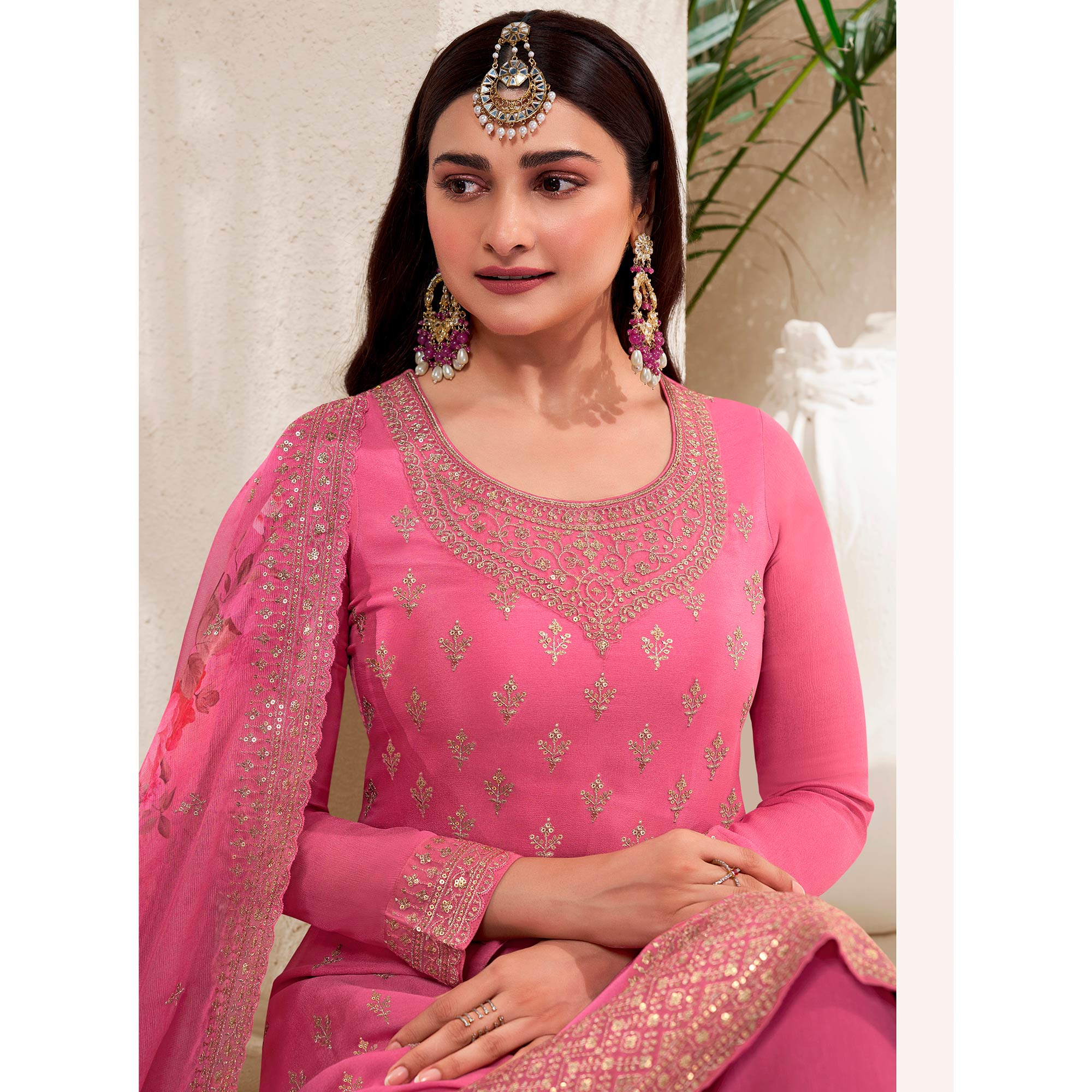 Pink Embroidered Chinon Semi Stitched Dress Material With Palazzo