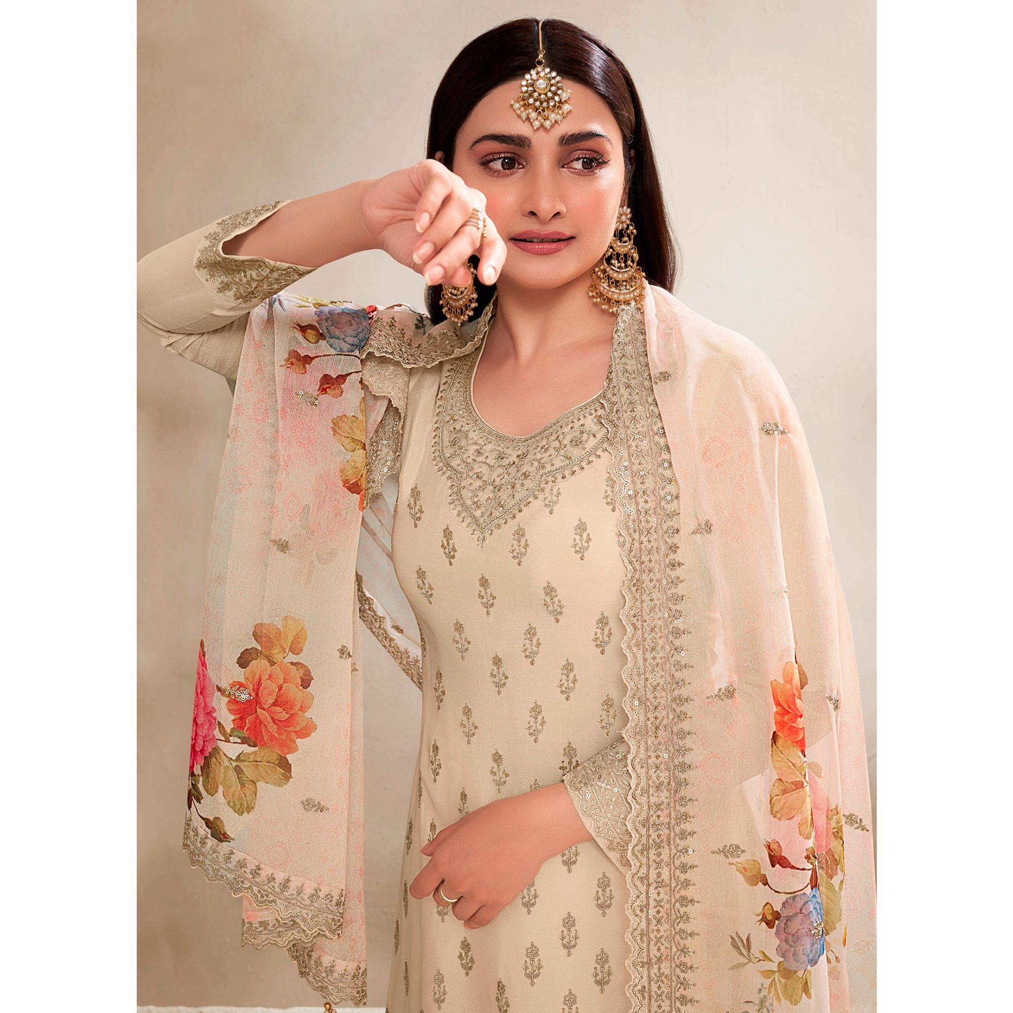 Cream Embroidered Chinon Semi Stitched Dress Material With Palazzo