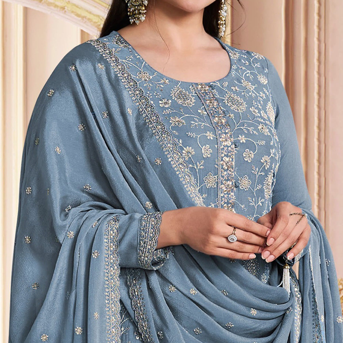 Grey Embroidered With Diamond Work Chinon Silk Semi Stitched Suit