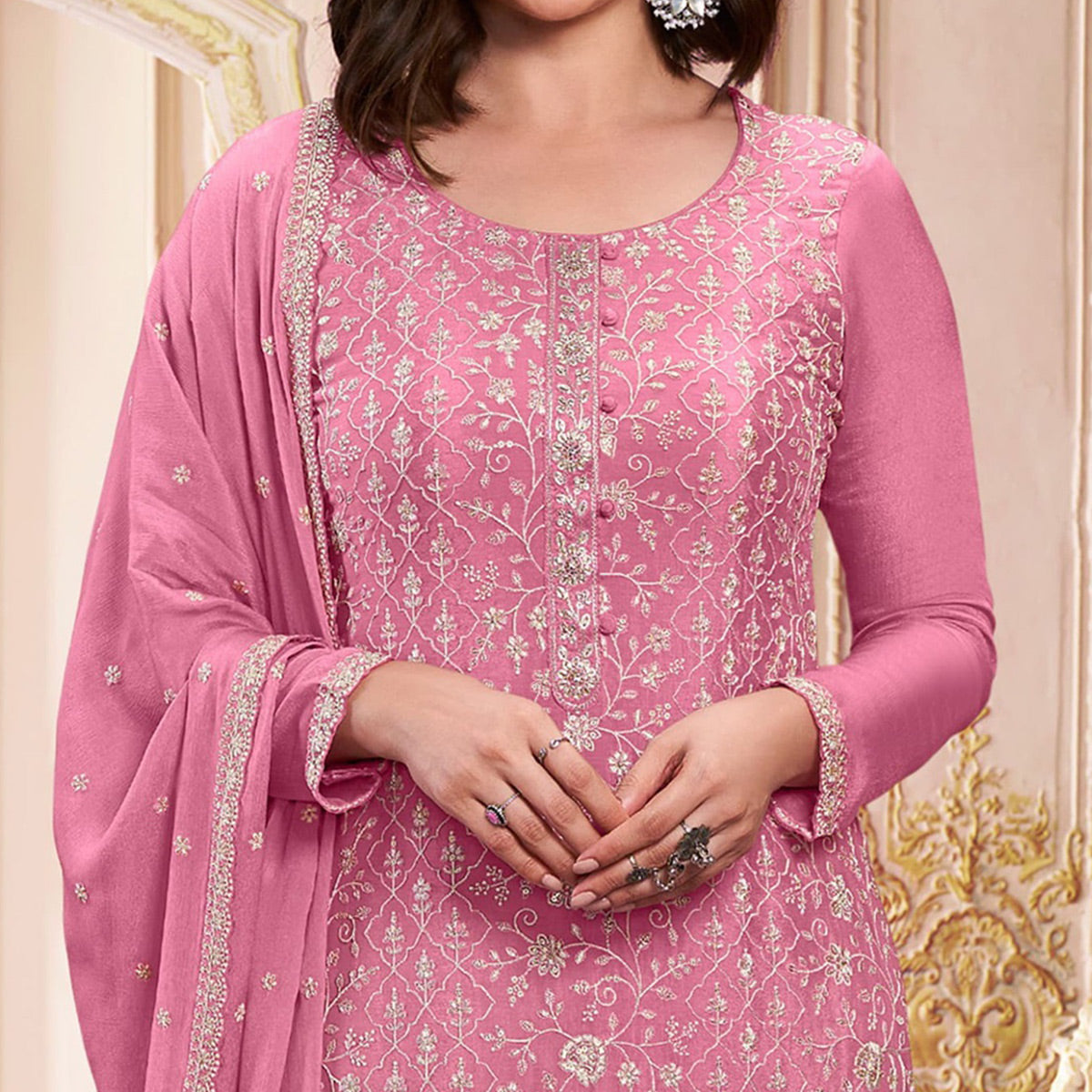 Pink Embroidered With Diamond Work Chinon Silk Semi Stitched Suit
