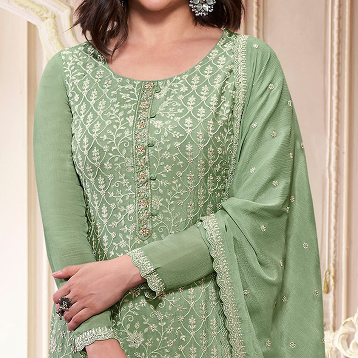 Green Embroidered With Diamond Work Chinon Silk Semi Stitched Suit