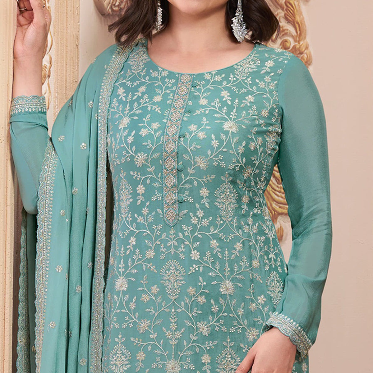 Turquoise Embroidered With Diamond Work Chinon Silk Semi Stitched Suit