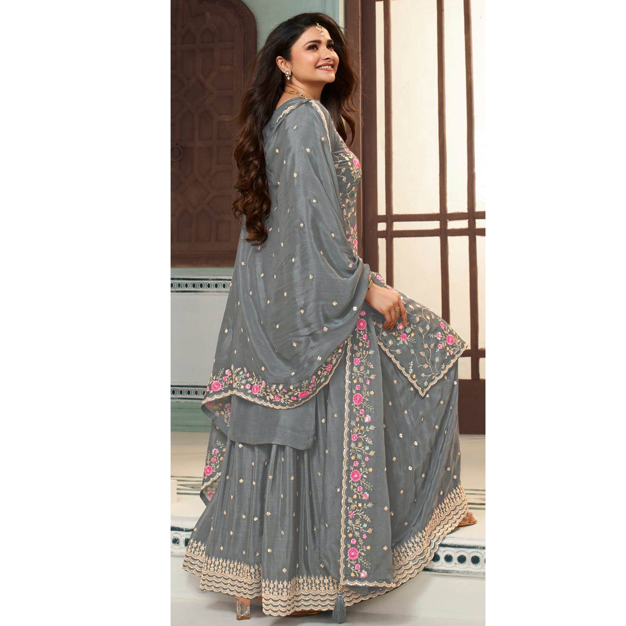 Grey Floral Embroidered Chinon Sharara Salwar Suit