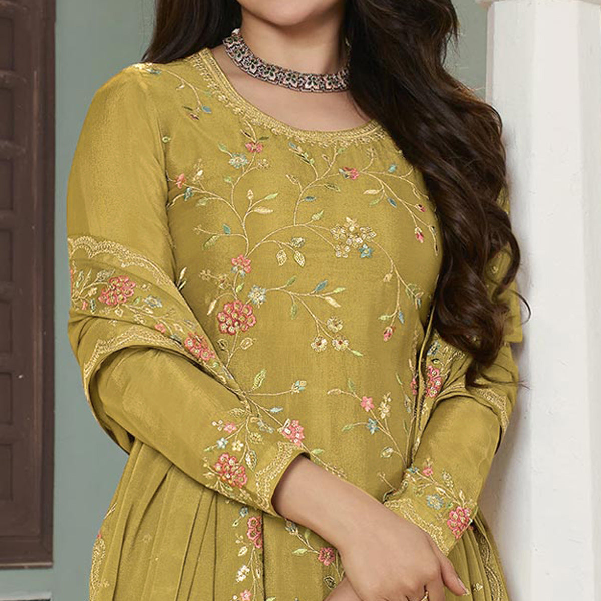 Mustard Floral Embroidered Chinon Sharara Salwar Suit