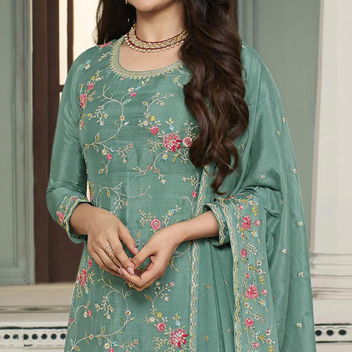 Dusty Green Floral Embroidered Chinon Sharara Salwar Suit