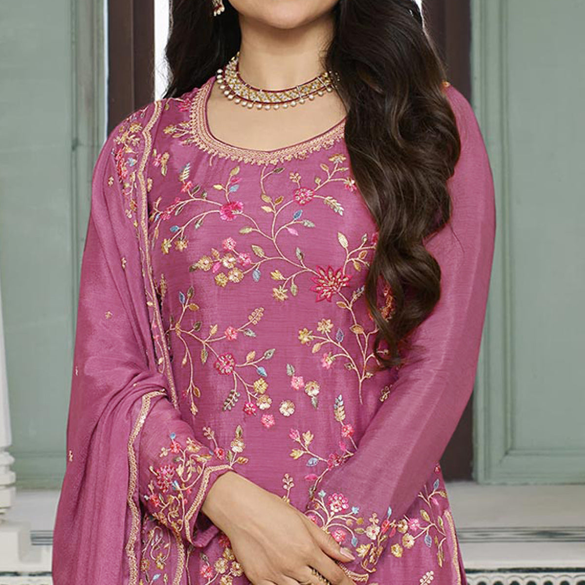 Dark Mauve Floral Embroidered Chinon Sharara Salwar Suit