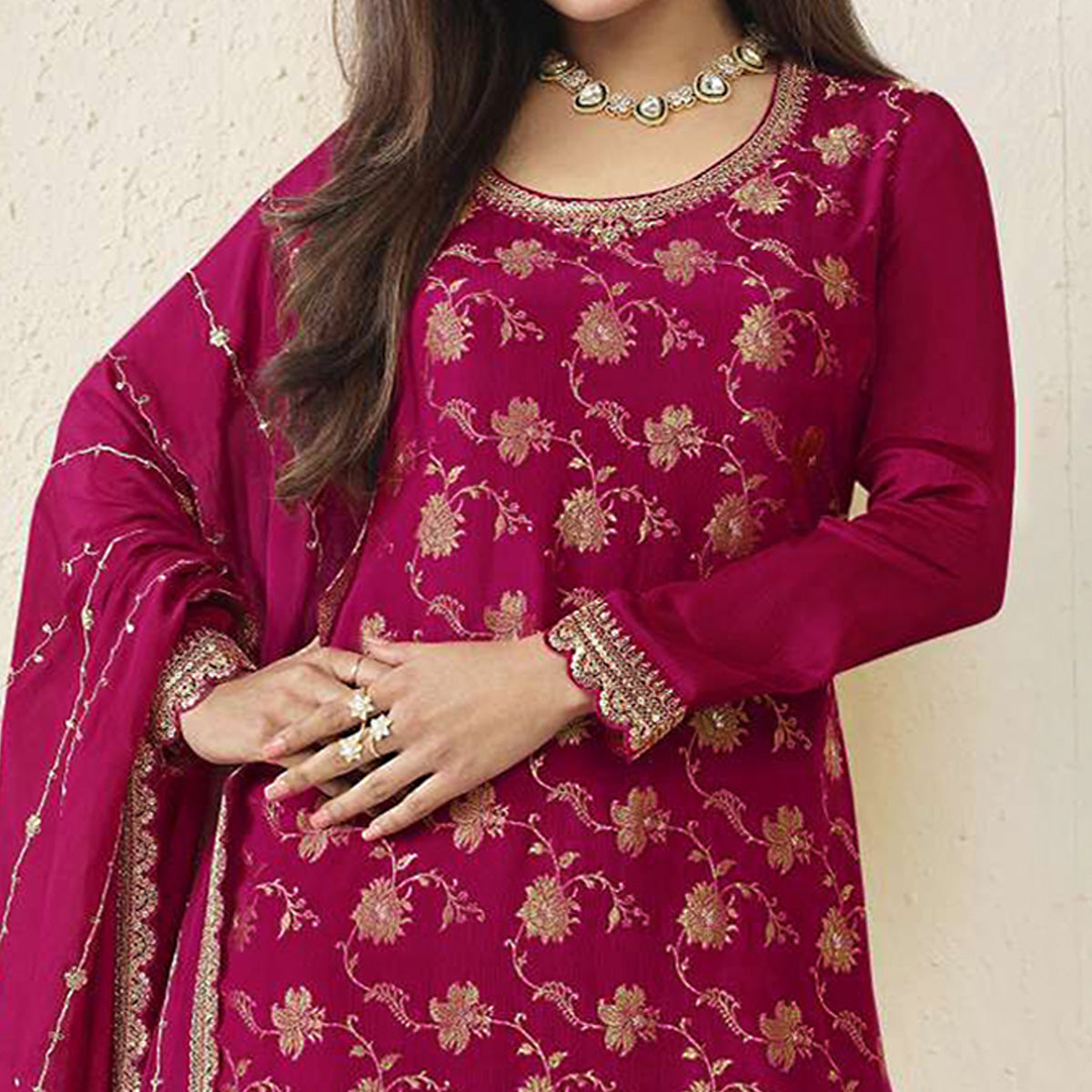 Rani Pink Floral Sequins Embroidered Chinon Semi Stitched Sharara Suit