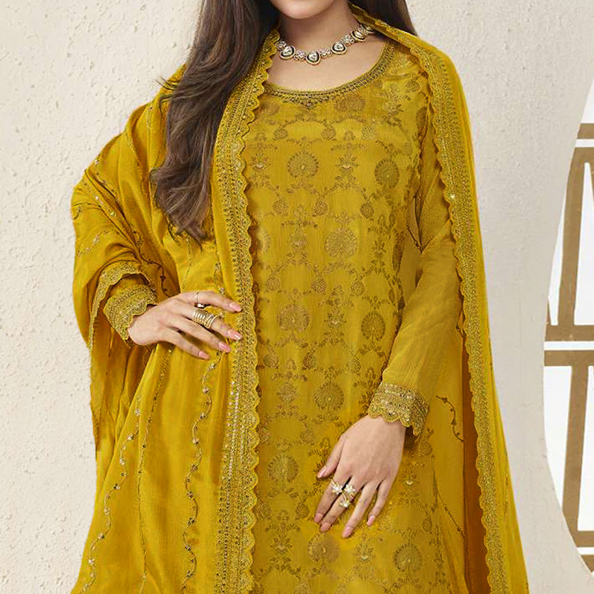 Mustard Floral Sequins Embroidered Chinon Semi Stitched Sharara Suit