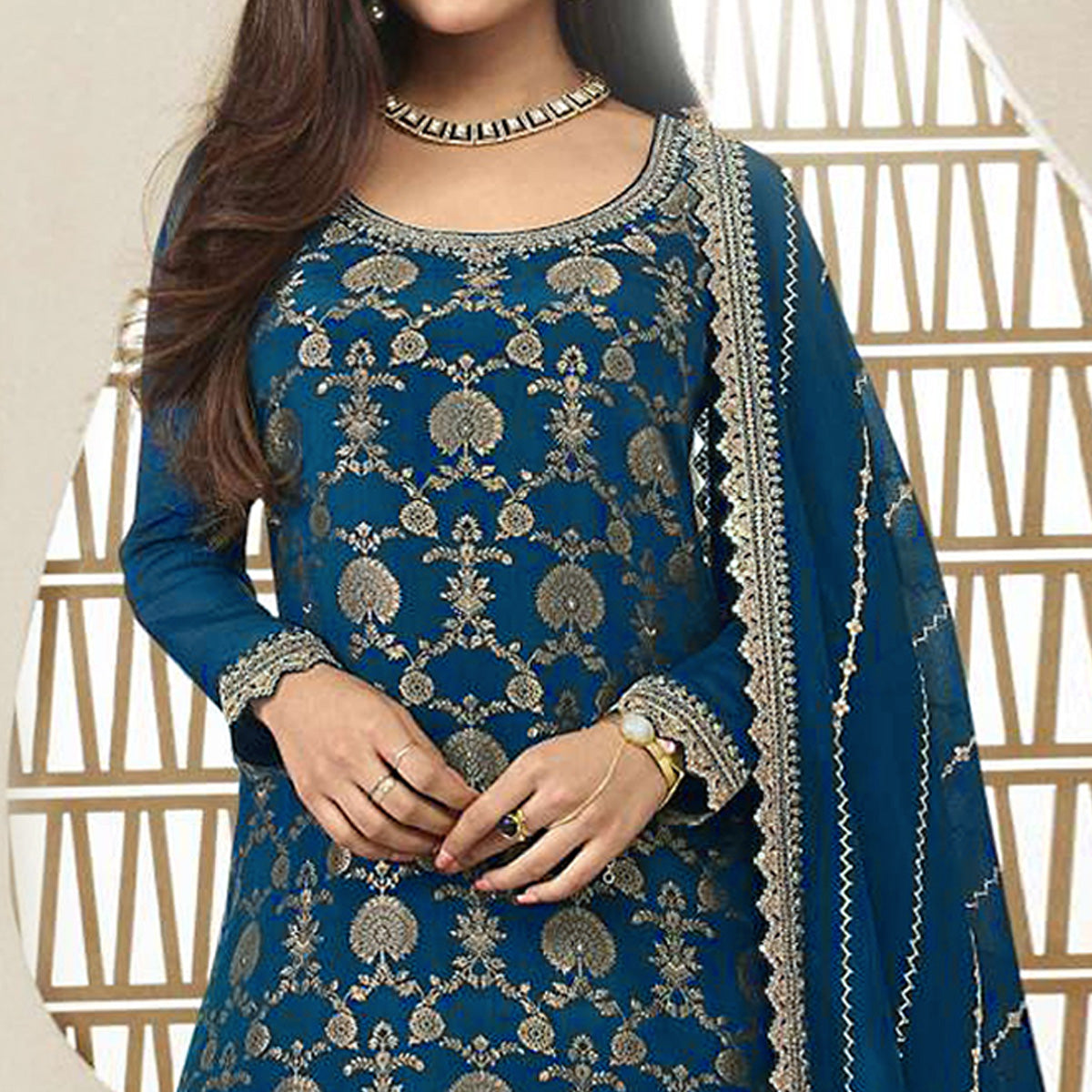 Blue Floral Sequins Embroidered Chinon Semi Stitched Sharara Suit