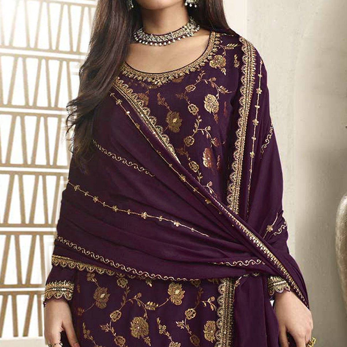 Purple Floral Sequins Embroidered Chinon Semi Stitched Sharara Suit