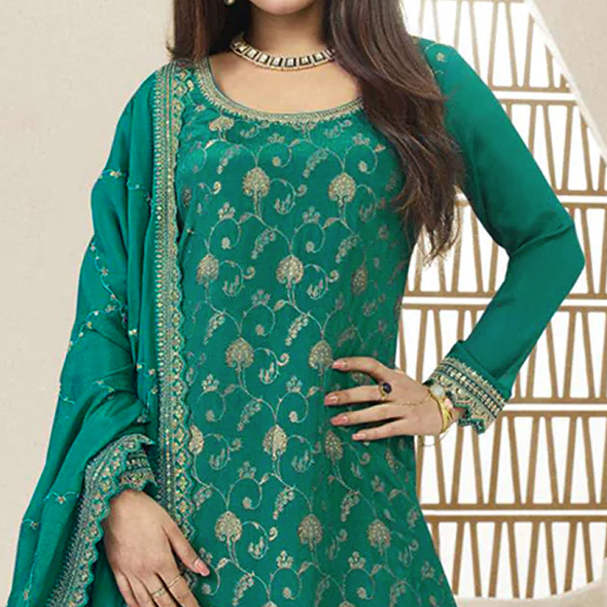 Rama Green Floral Sequins Embroidered Chinon Semi Stitched Sharara Suit