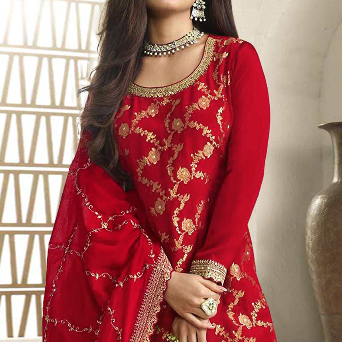 Red Floral Sequins Embroidered Chinon Semi Stitched Sharara Suit