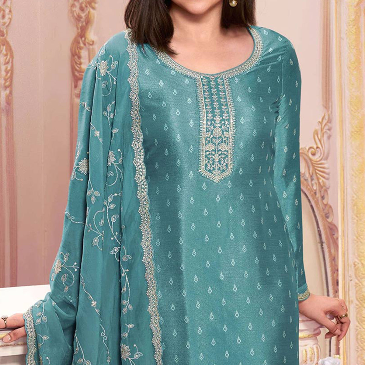 Sky Blue Floral Sequins Embroidered Silk Georgette Semi Stitched Salwar Suit