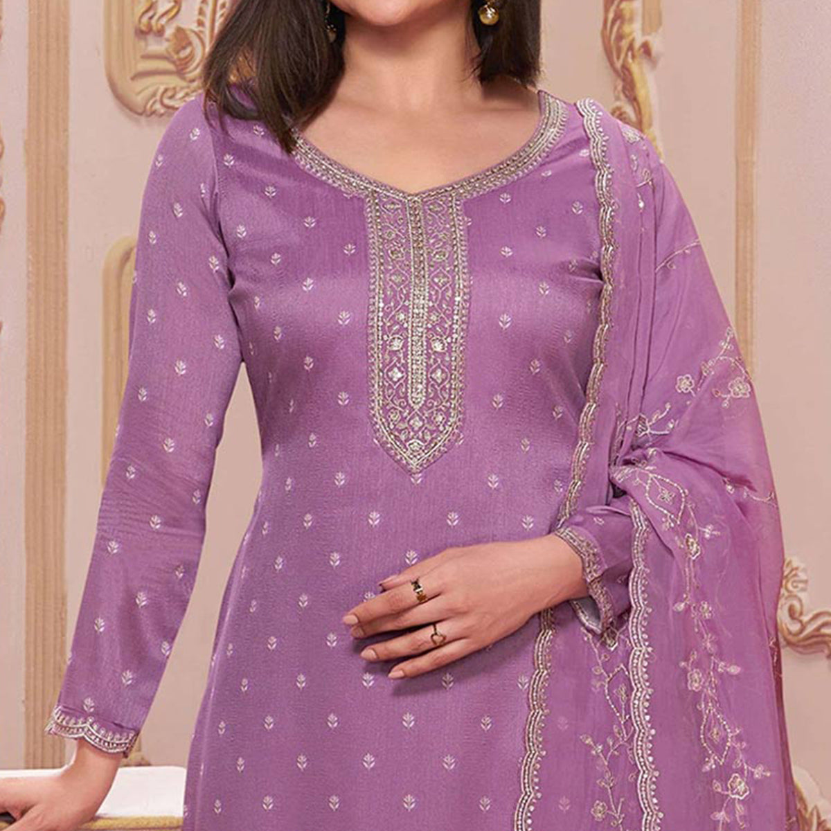 Purple Floral Sequins Embroidered Silk Georgette Semi Stitched Salwar Suit