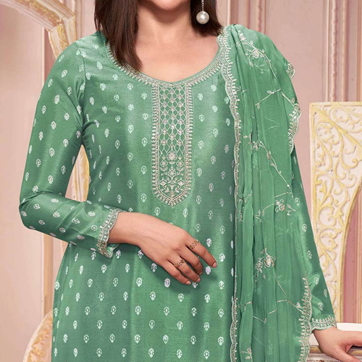 Green Floral Sequins Embroidered Silk Georgette Semi Stitched Salwar Suit