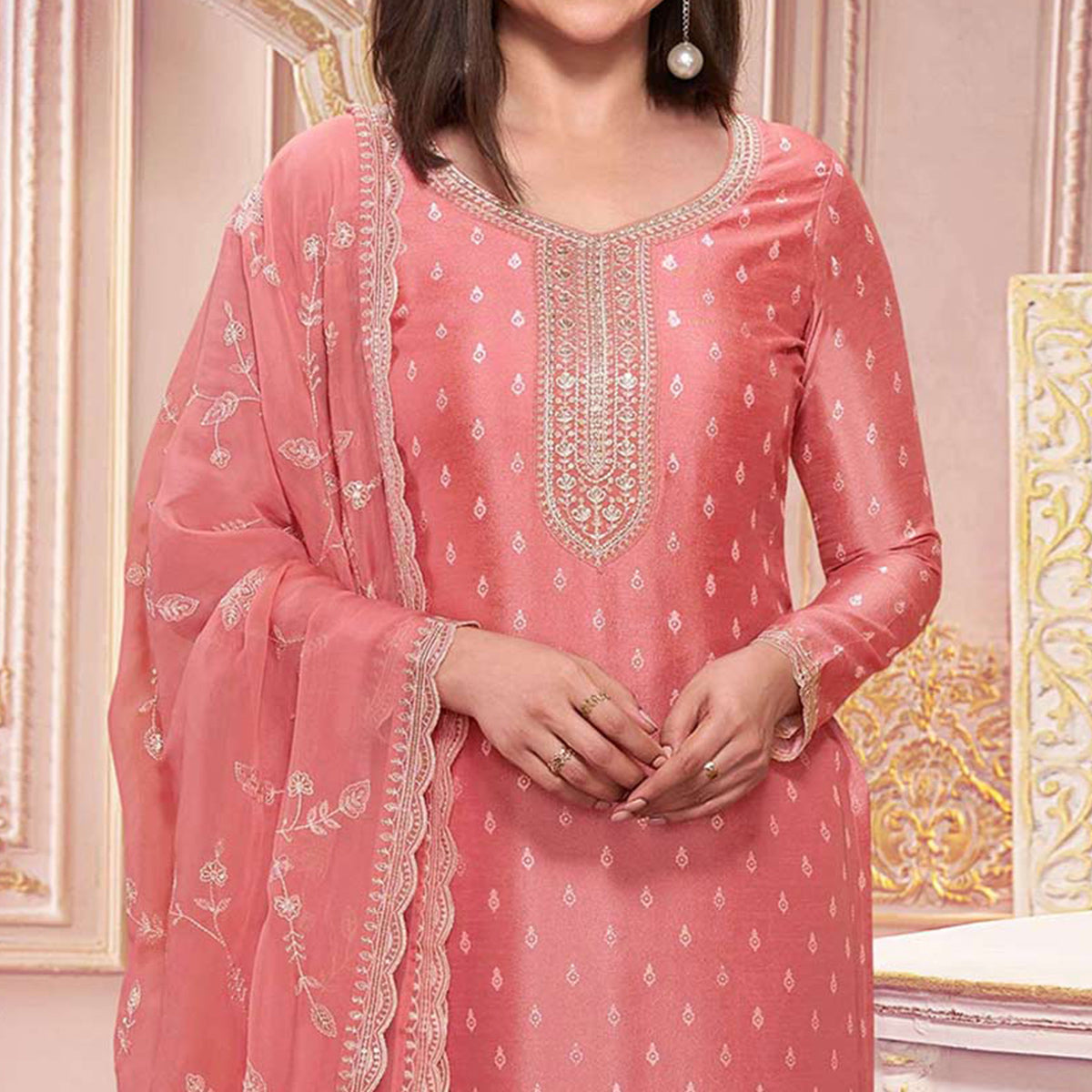 Peach Floral Sequins Embroidered Silk Georgette Semi Stitched Salwar Suit