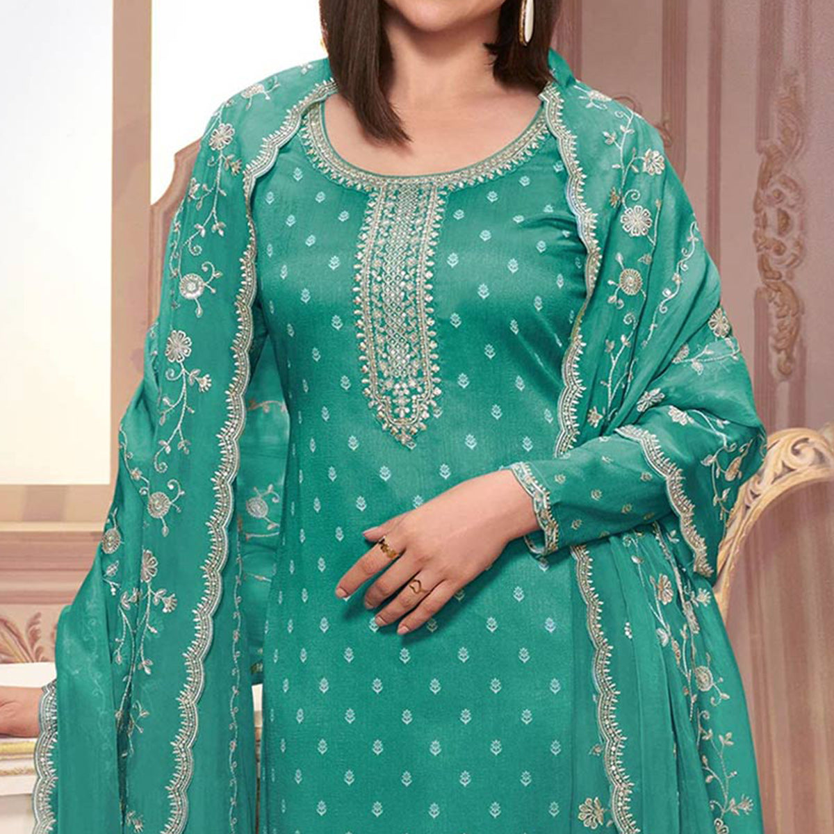 Rama Green Floral Sequins Embroidered Silk Georgette Semi Stitched Salwar Suit