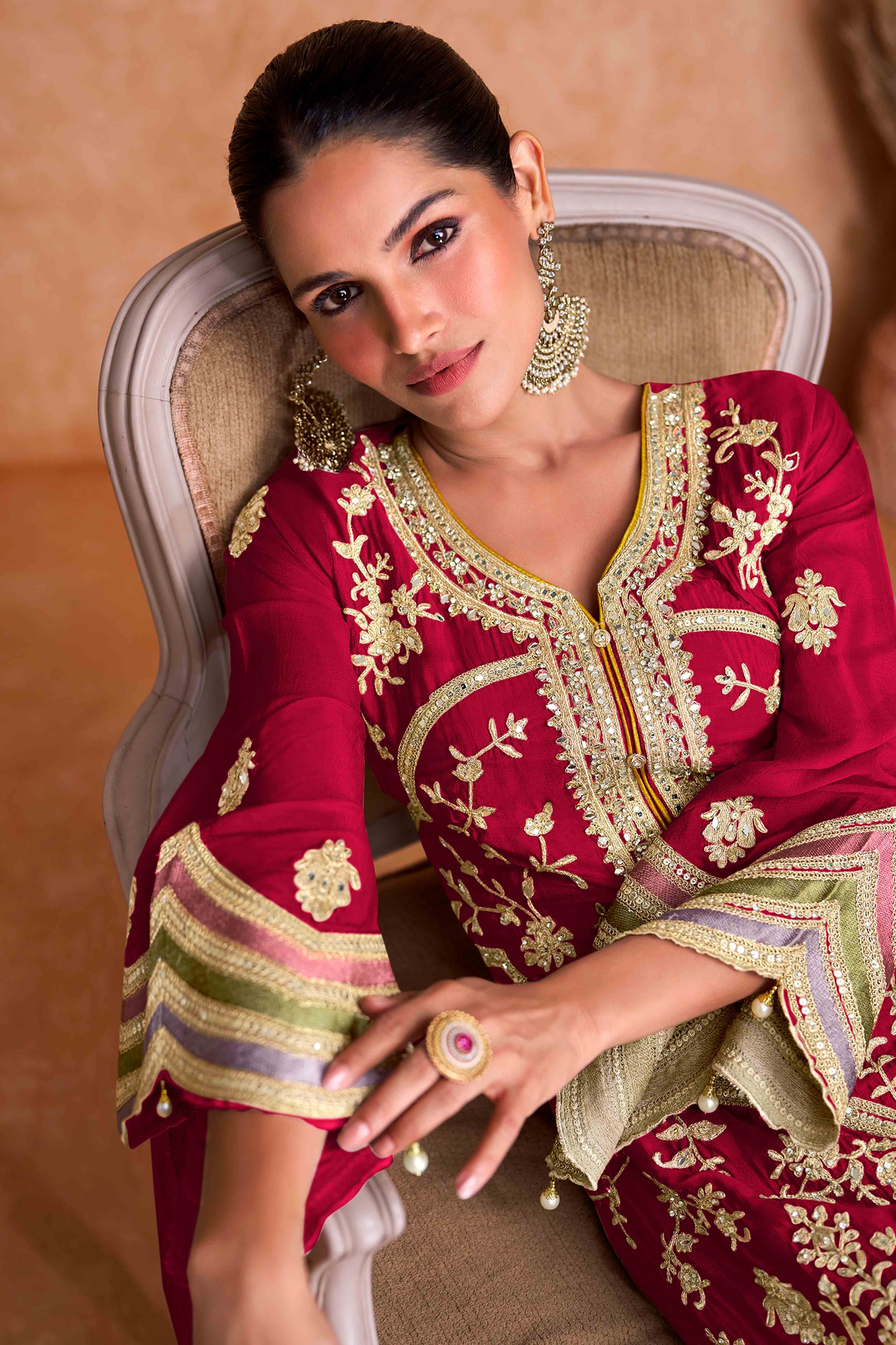 Red Floral Sequins Embroidered Chinon Palazzo Suit